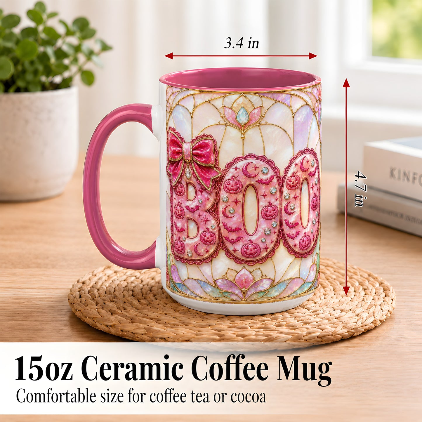 #pl[15oz|Pink] Pink Halloween Coffee Mug, Pumpkin Moon Mug, Ceramic Cup