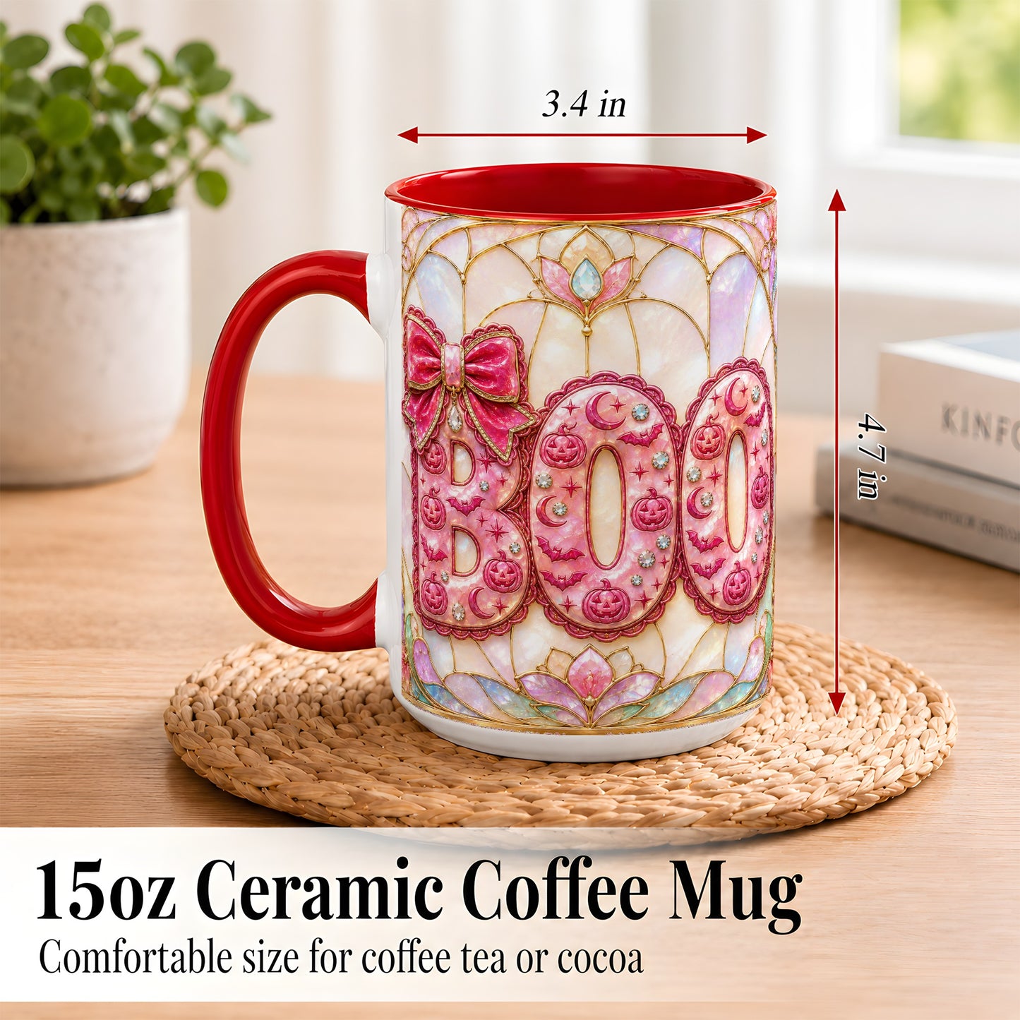 #pl[15oz|Red] Pink Halloween Coffee Mug, Pumpkin Moon Mug, Ceramic Cup