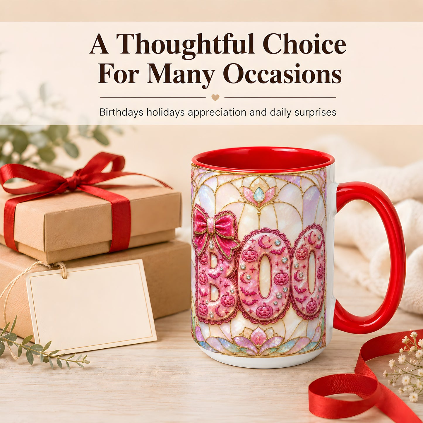 #pl[15oz|Red] Pink Halloween Coffee Mug, Pumpkin Moon Mug, Ceramic Cup