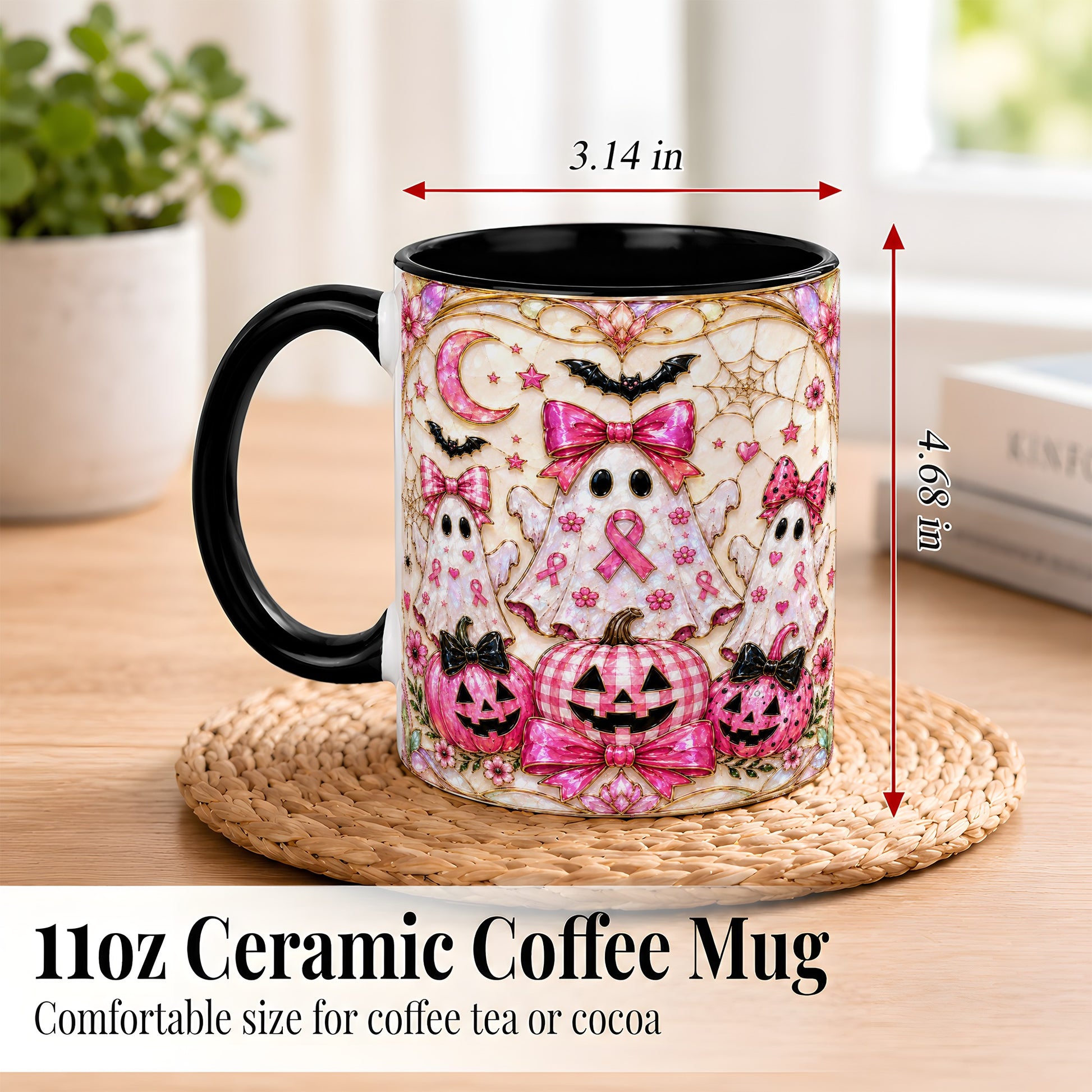 #pl[11oz|Black] Pink Ghost Trio Coffee Mug, Halloween Ghost Mug, Ceramic Cup