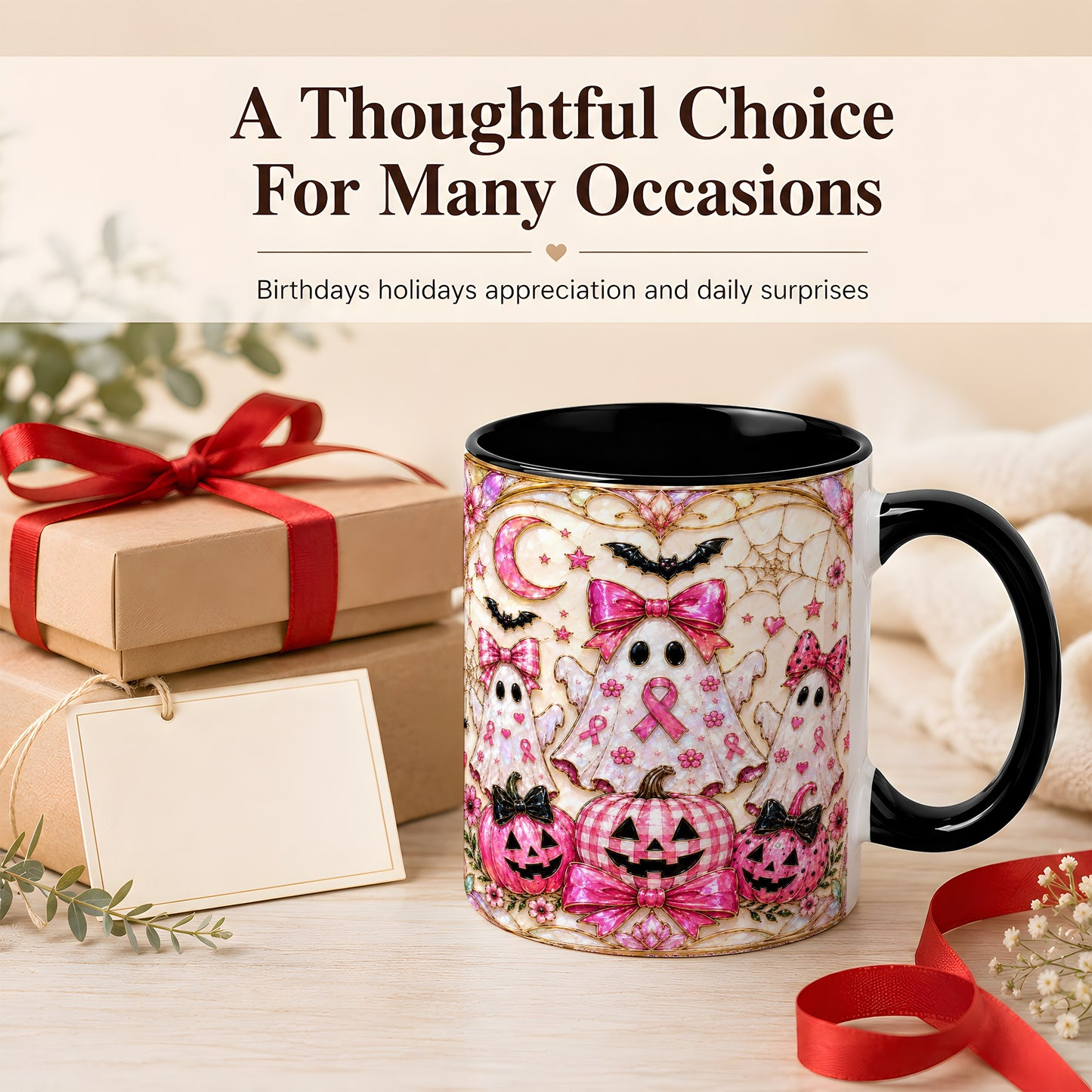 #pl[11oz|Black] Pink Ghost Trio Coffee Mug, Halloween Ghost Mug, Ceramic Cup