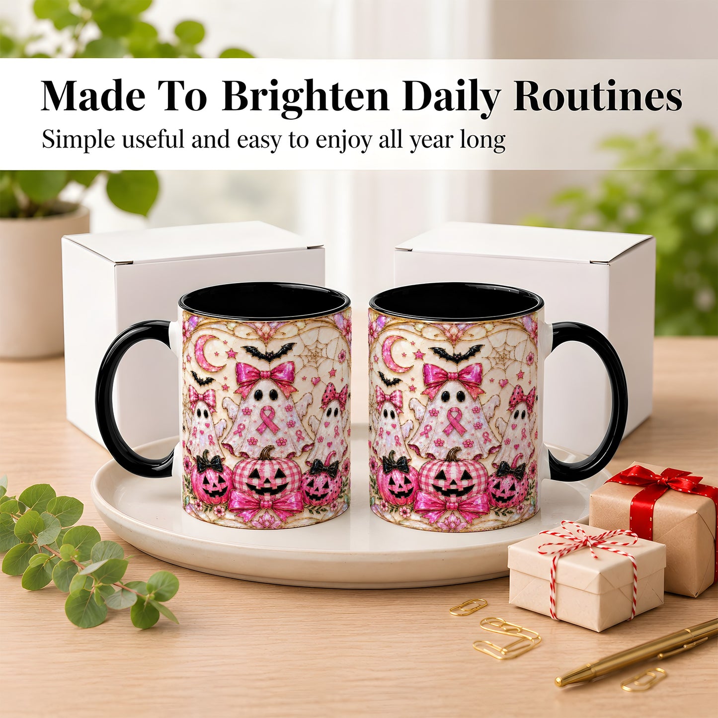 #pl[11oz|Black] Pink Ghost Trio Coffee Mug, Halloween Ghost Mug, Ceramic Cup