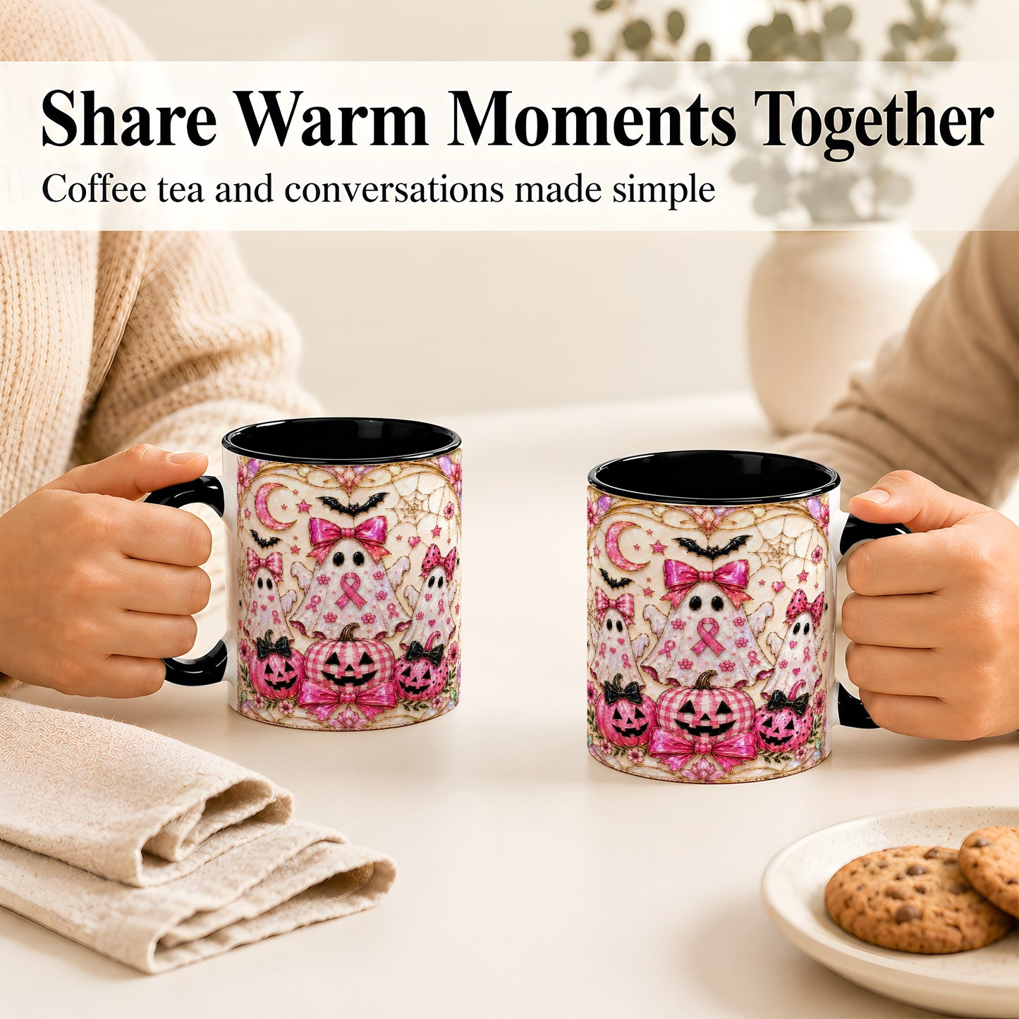 #pl[11oz|Black] Pink Ghost Trio Coffee Mug, Halloween Ghost Mug, Ceramic Cup