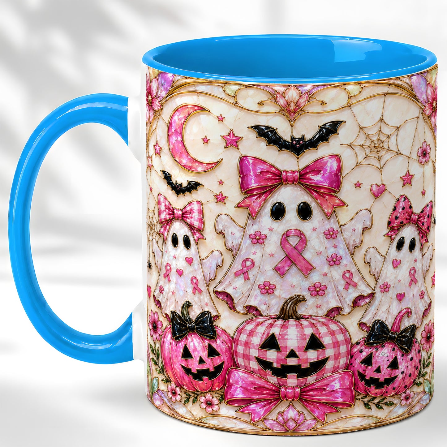 #pl[11oz|Blue] Pink Ghost Trio Coffee Mug, Halloween Ghost Mug, Ceramic Cup