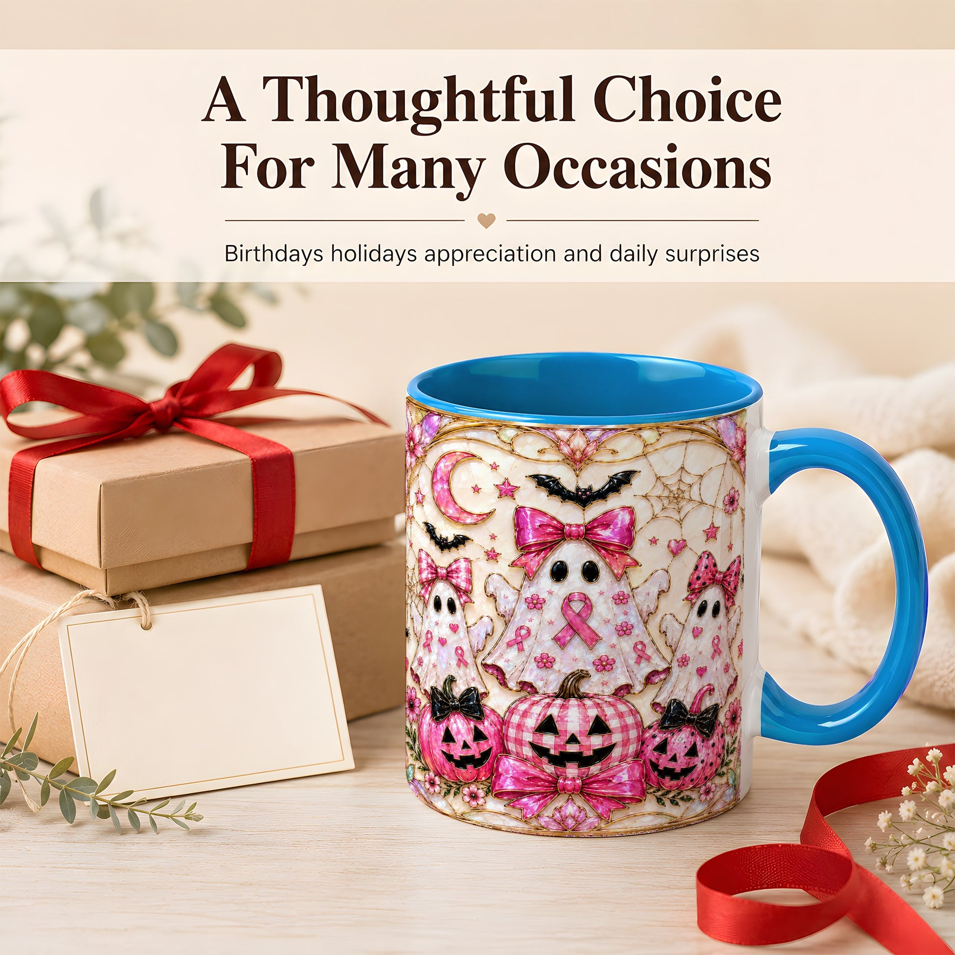 #pl[11oz|Blue] Pink Ghost Trio Coffee Mug, Halloween Ghost Mug, Ceramic Cup