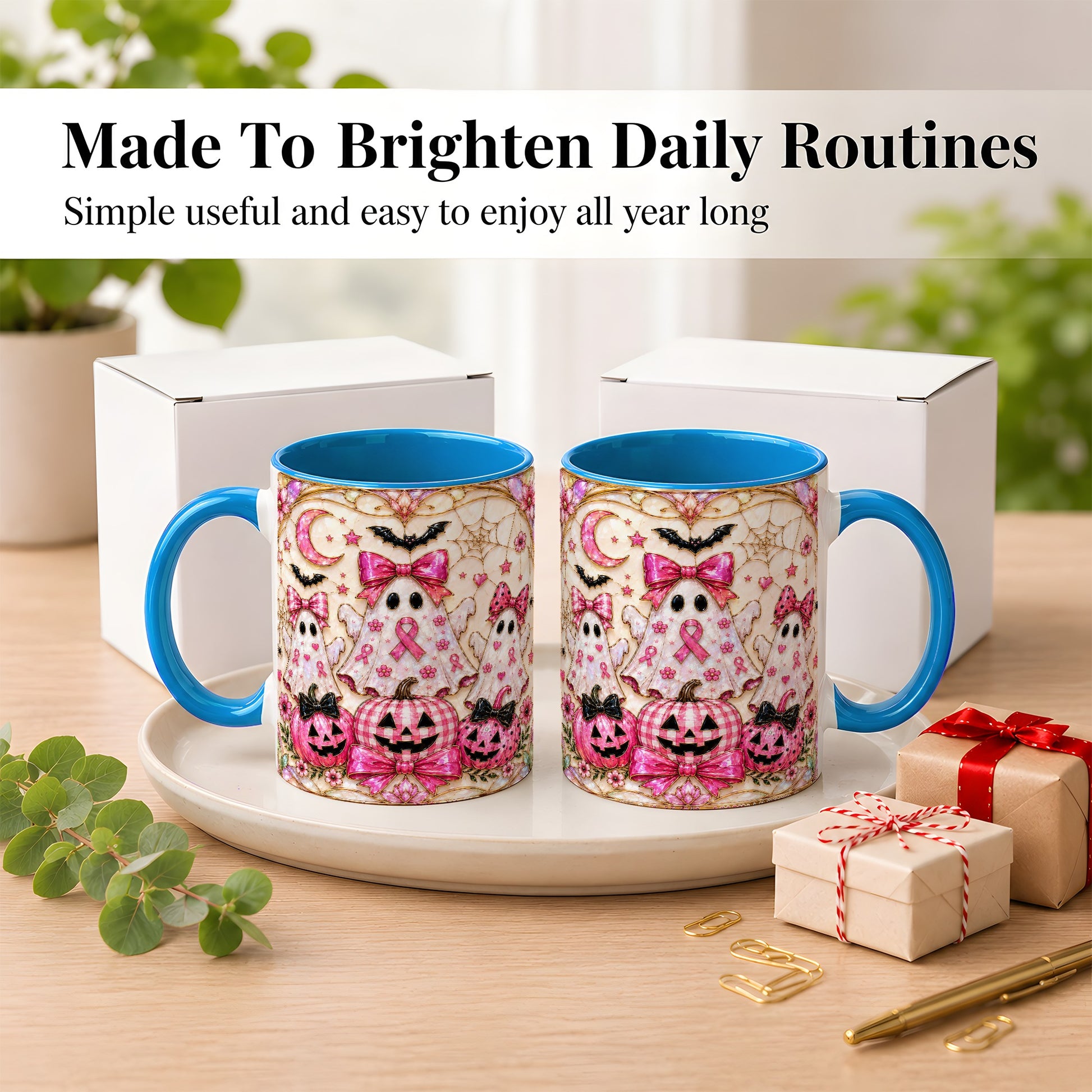 #pl[11oz|Blue] Pink Ghost Trio Coffee Mug, Halloween Ghost Mug, Ceramic Cup