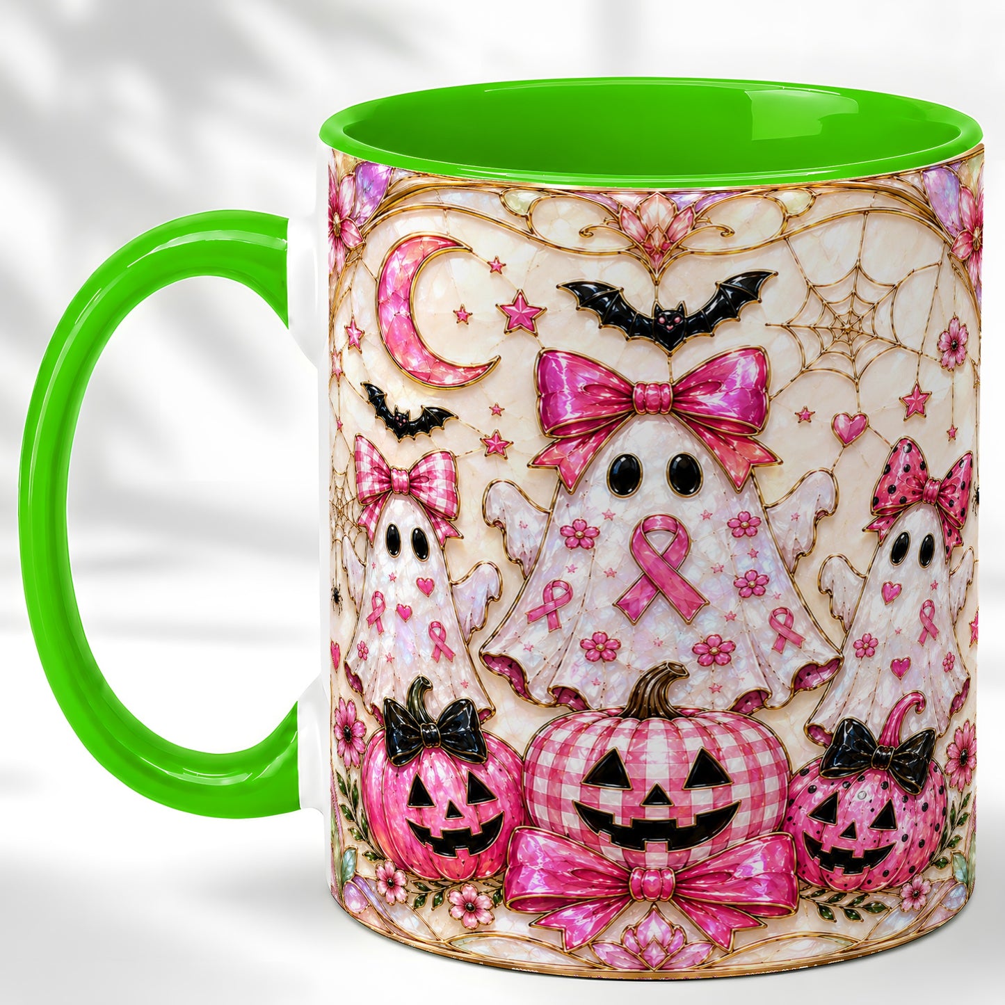 #pl[11oz|Green] Pink Ghost Trio Coffee Mug, Halloween Ghost Mug, Ceramic Cup