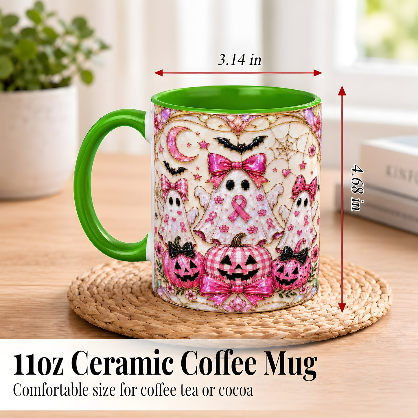 #pl[11oz|Green] Pink Ghost Trio Coffee Mug, Halloween Ghost Mug, Ceramic Cup