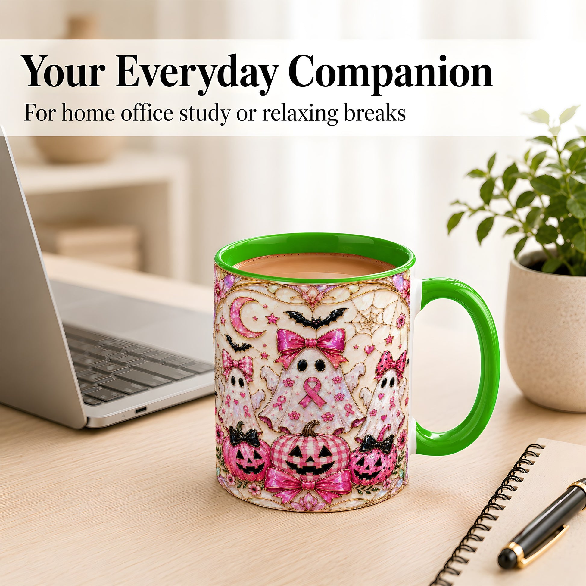 #pl[11oz|Green] Pink Ghost Trio Coffee Mug, Halloween Ghost Mug, Ceramic Cup
