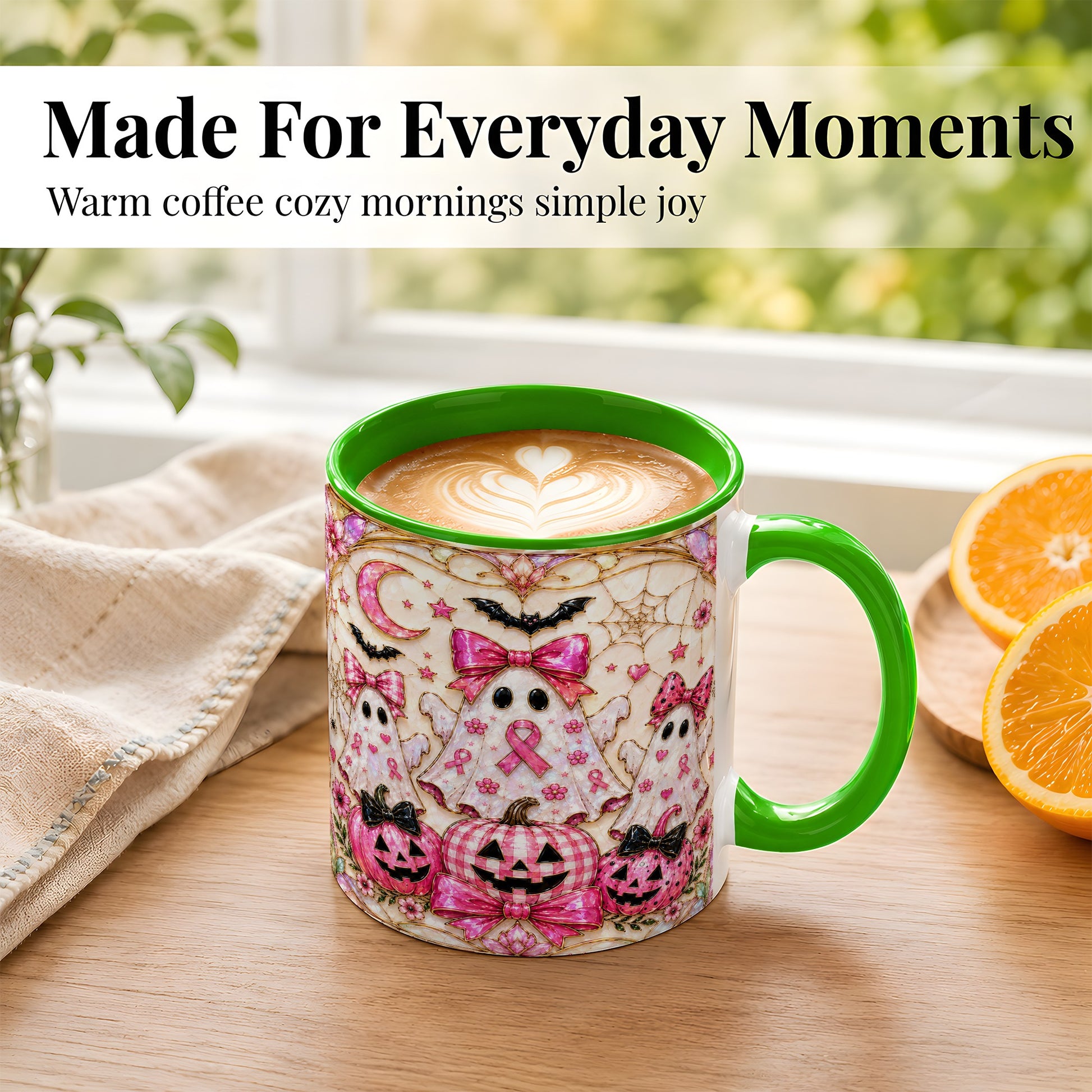 #pl[11oz|Green] Pink Ghost Trio Coffee Mug, Halloween Ghost Mug, Ceramic Cup