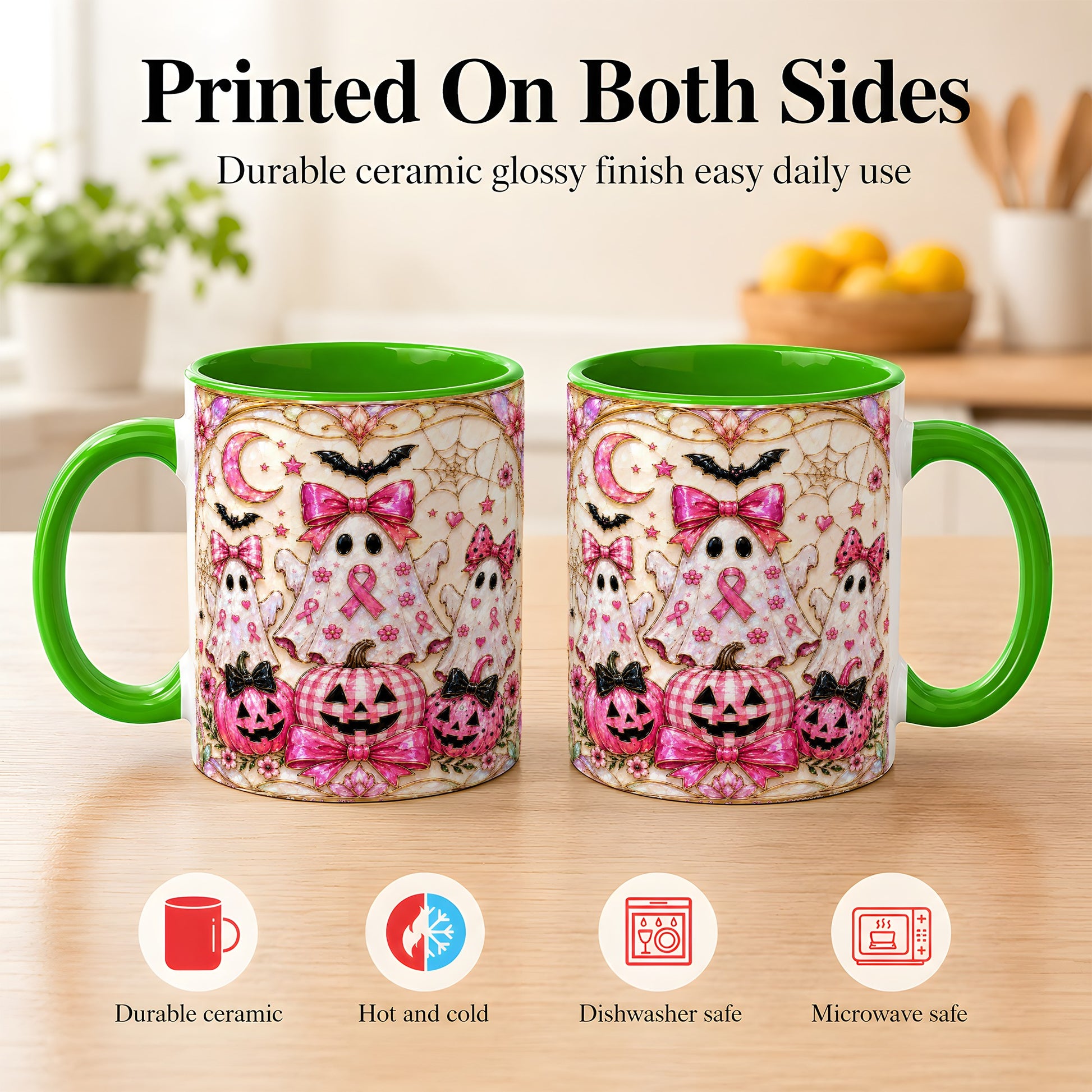 #pl[11oz|Green] Pink Ghost Trio Coffee Mug, Halloween Ghost Mug, Ceramic Cup
