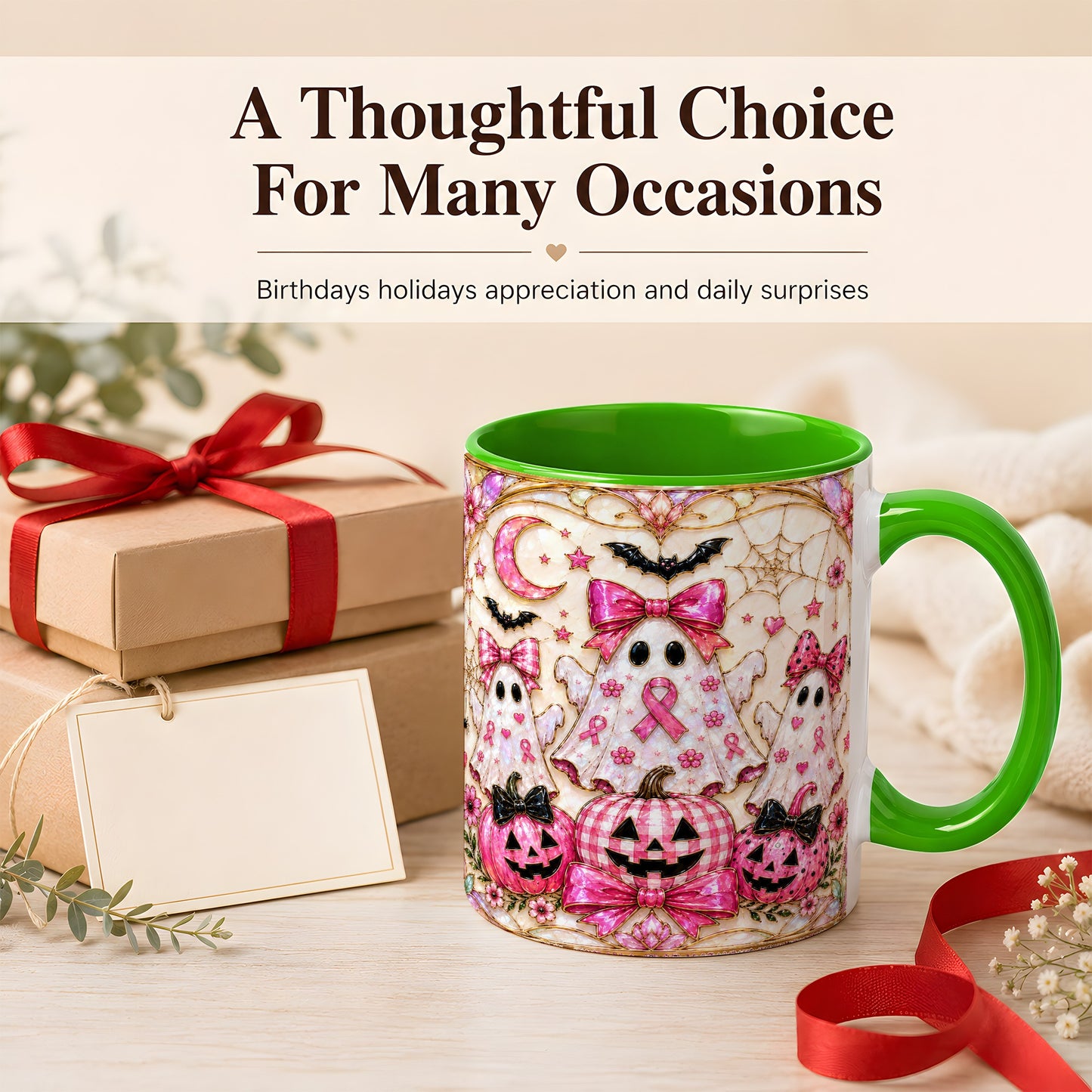#pl[11oz|Green] Pink Ghost Trio Coffee Mug, Halloween Ghost Mug, Ceramic Cup