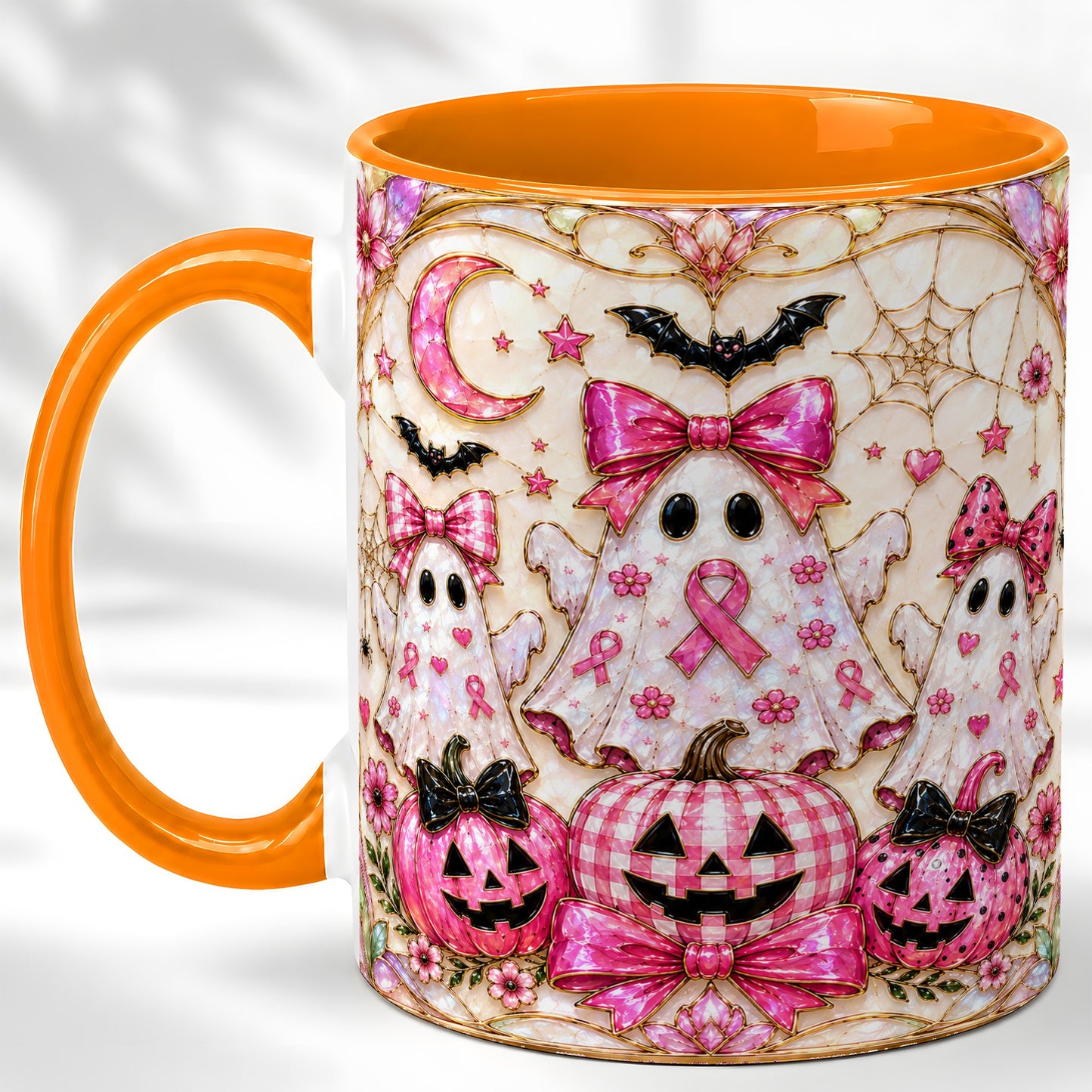 #pl[11oz|Orange] Pink Ghost Trio Coffee Mug, Halloween Ghost Mug, Ceramic Cup