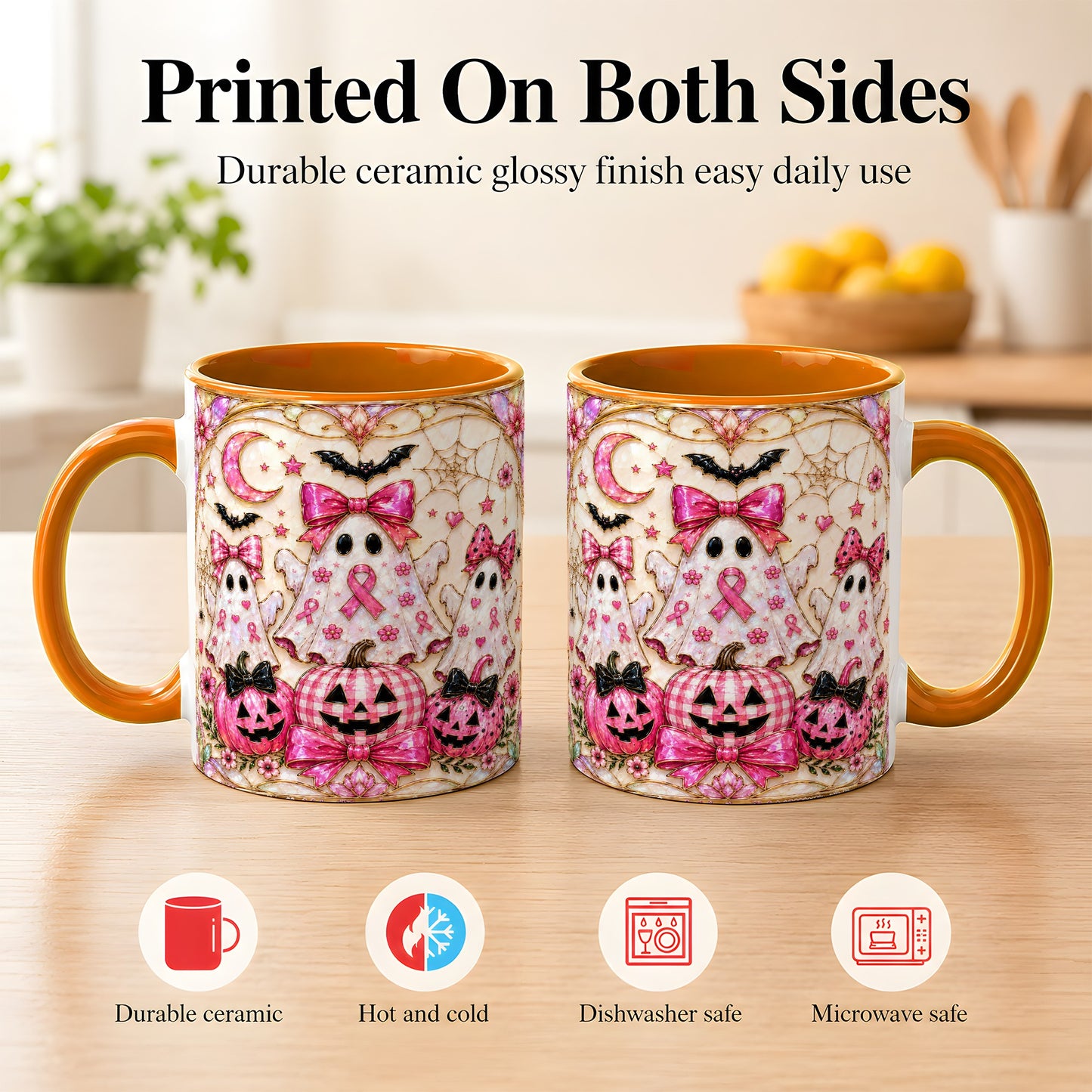 #pl[11oz|Orange] Pink Ghost Trio Coffee Mug, Halloween Ghost Mug, Ceramic Cup
