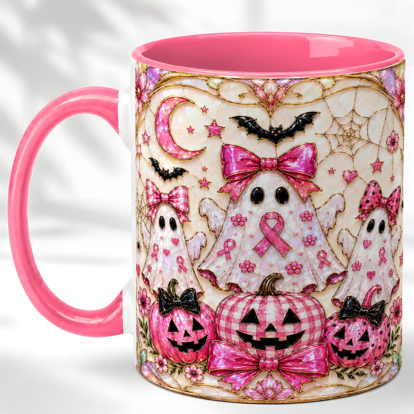 #pl[11oz|Pink] Pink Ghost Trio Coffee Mug, Halloween Ghost Mug, Ceramic Cup