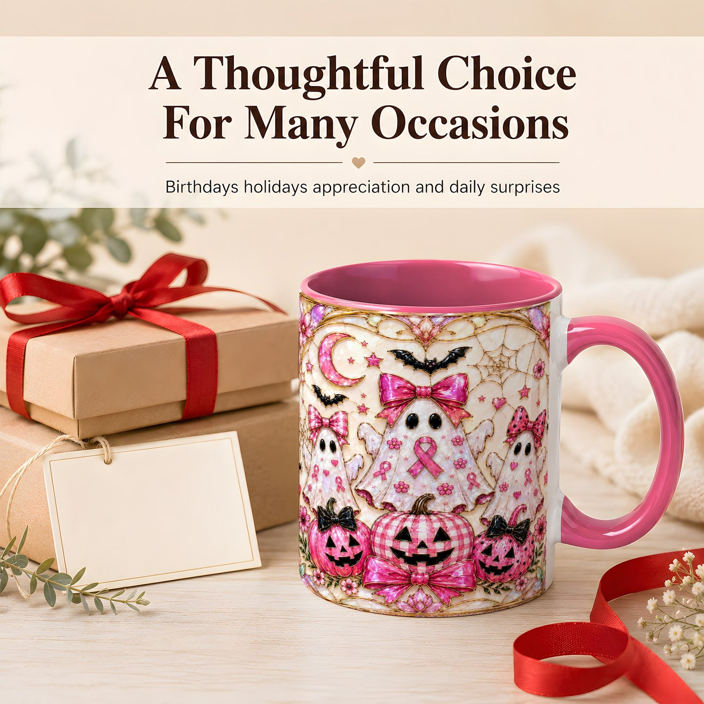 #pl[11oz|Pink] Pink Ghost Trio Coffee Mug, Halloween Ghost Mug, Ceramic Cup