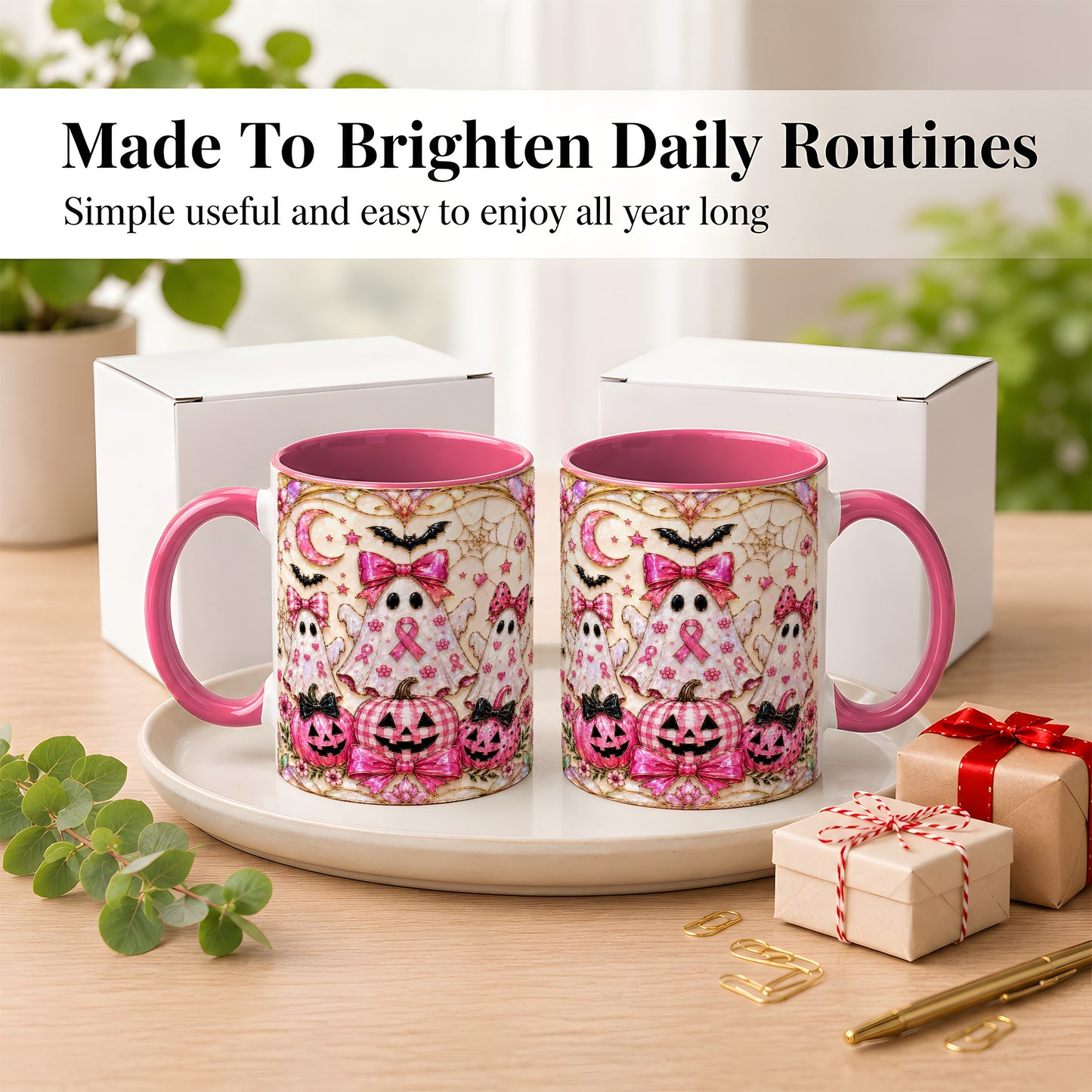 #pl[11oz|Pink] Pink Ghost Trio Coffee Mug, Halloween Ghost Mug, Ceramic Cup