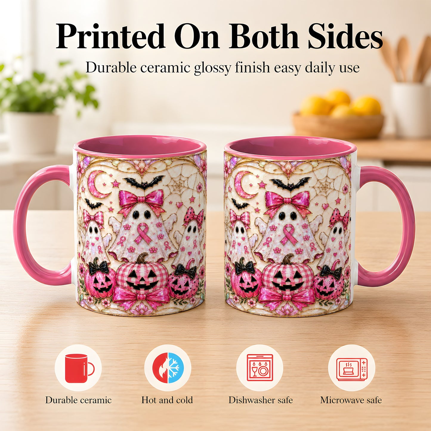 #pl[11oz|Pink] Pink Ghost Trio Coffee Mug, Halloween Ghost Mug, Ceramic Cup