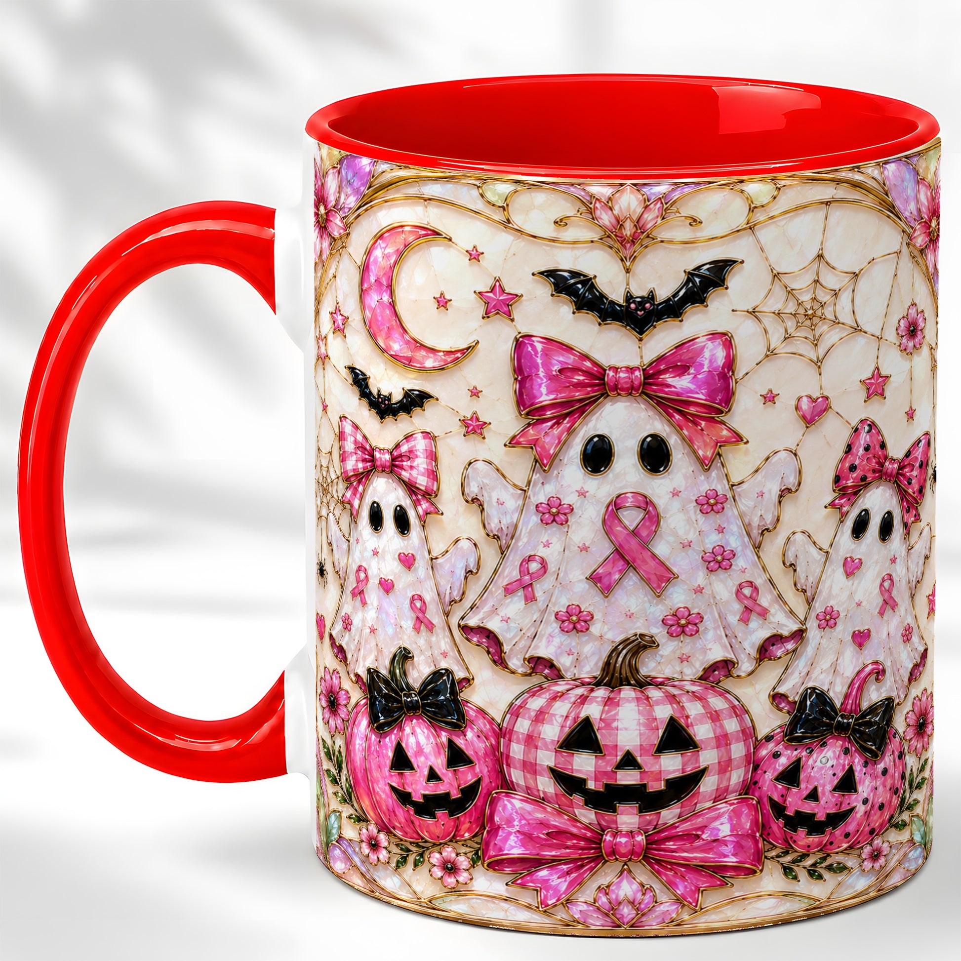 #pl[11oz|Red] Pink Ghost Trio Coffee Mug, Halloween Ghost Mug, Ceramic Cup