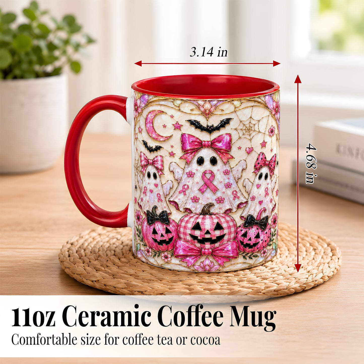 #pl[11oz|Red] Pink Ghost Trio Coffee Mug, Halloween Ghost Mug, Ceramic Cup