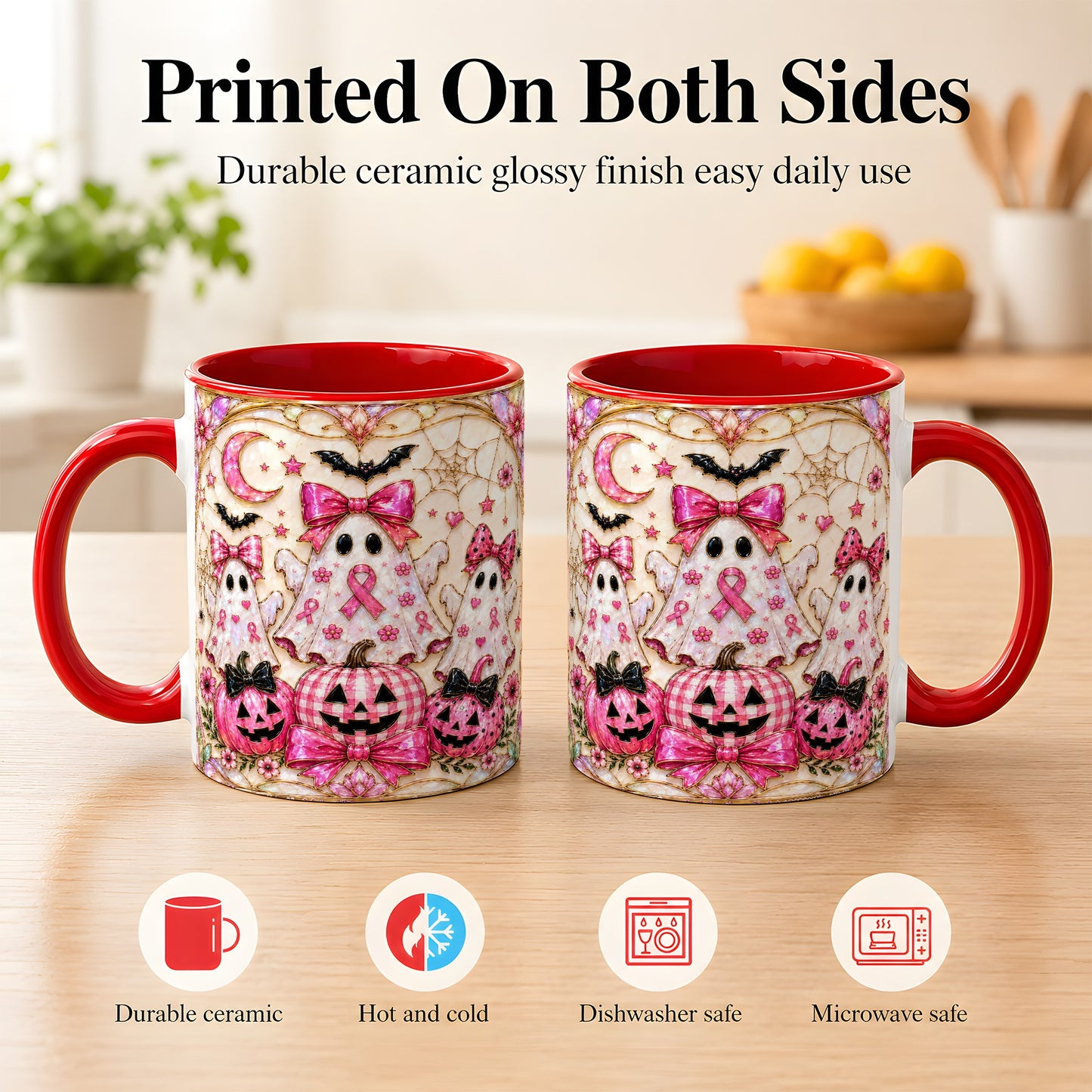 #pl[11oz|Red] Pink Ghost Trio Coffee Mug, Halloween Ghost Mug, Ceramic Cup