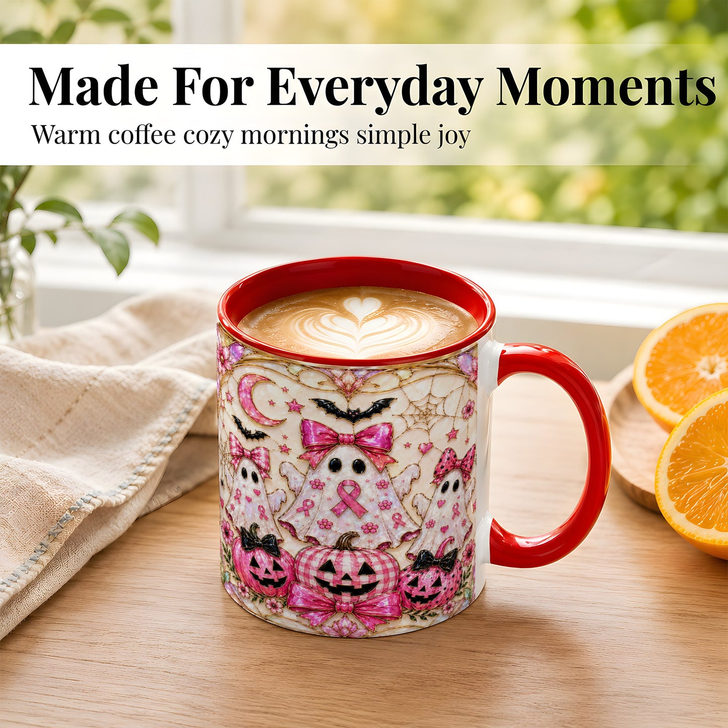 #pl[11oz|Red] Pink Ghost Trio Coffee Mug, Halloween Ghost Mug, Ceramic Cup
