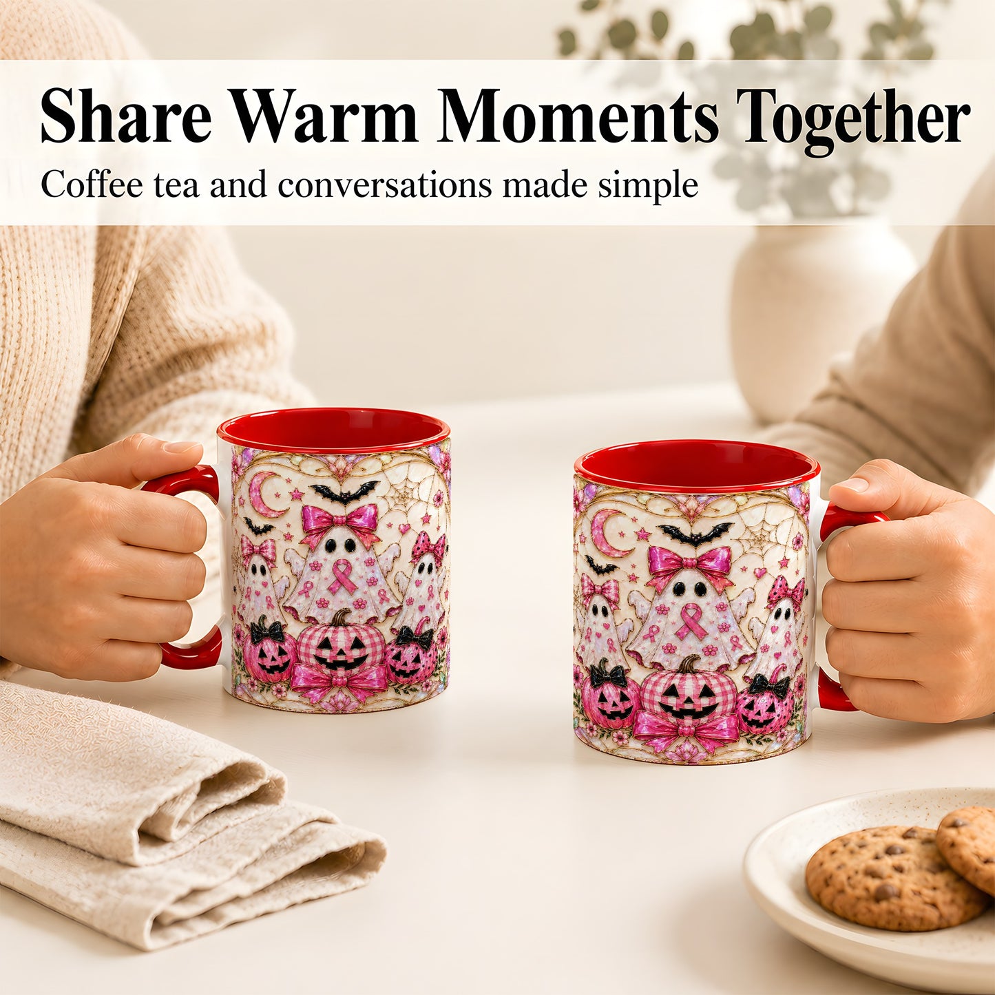 #pl[11oz|Red] Pink Ghost Trio Coffee Mug, Halloween Ghost Mug, Ceramic Cup