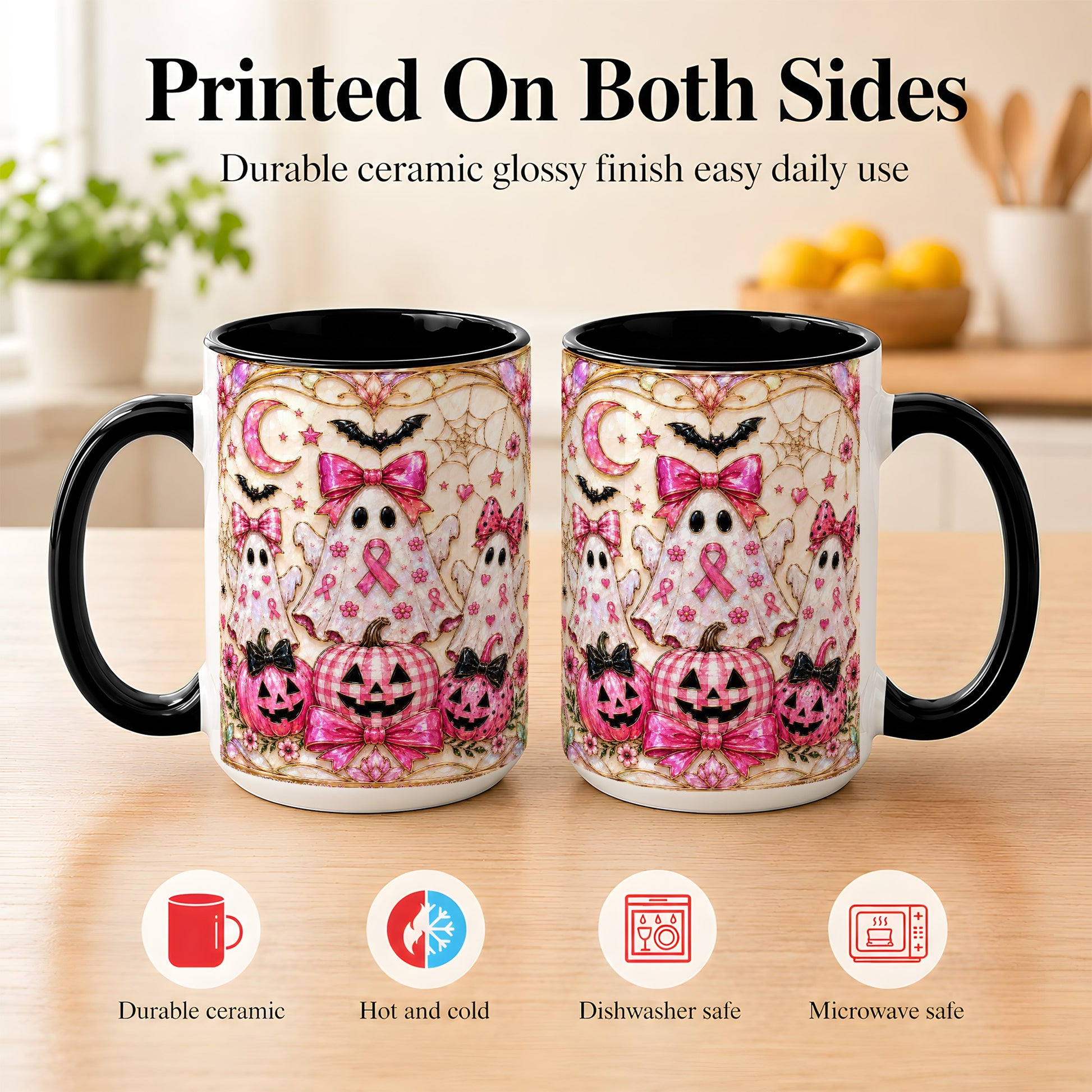 #pl[15oz|Black] Pink Ghost Trio Coffee Mug, Halloween Ghost Mug, Ceramic Cup