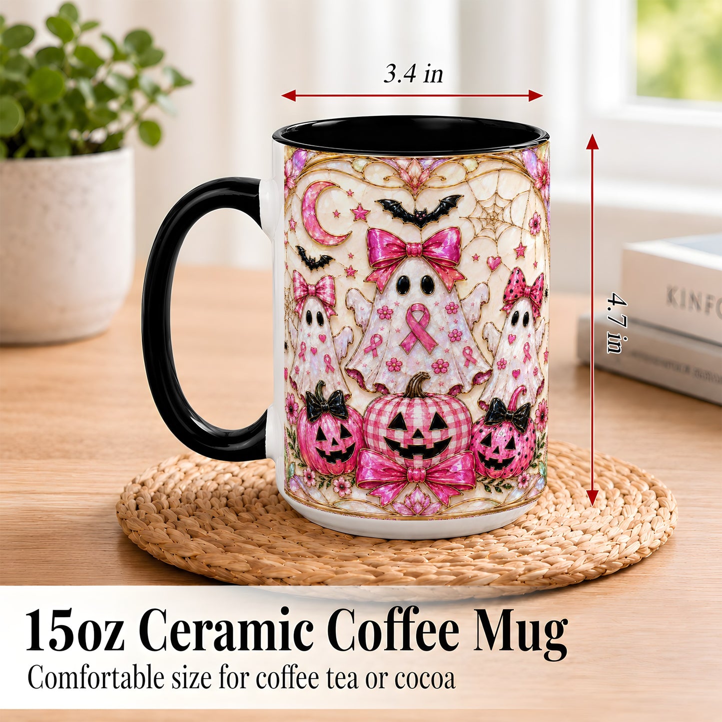 #pl[15oz|Black] Pink Ghost Trio Coffee Mug, Halloween Ghost Mug, Ceramic Cup