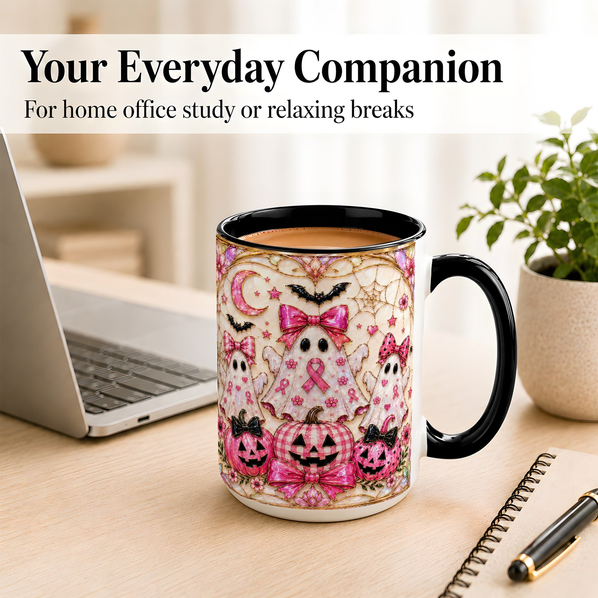 #pl[15oz|Black] Pink Ghost Trio Coffee Mug, Halloween Ghost Mug, Ceramic Cup