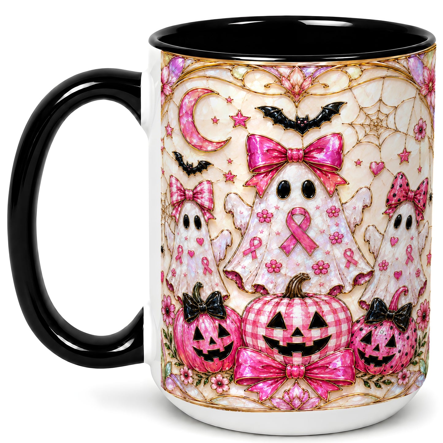 #pl[15oz|Black] Pink Ghost Trio Coffee Mug, Halloween Ghost Mug, Ceramic Cup