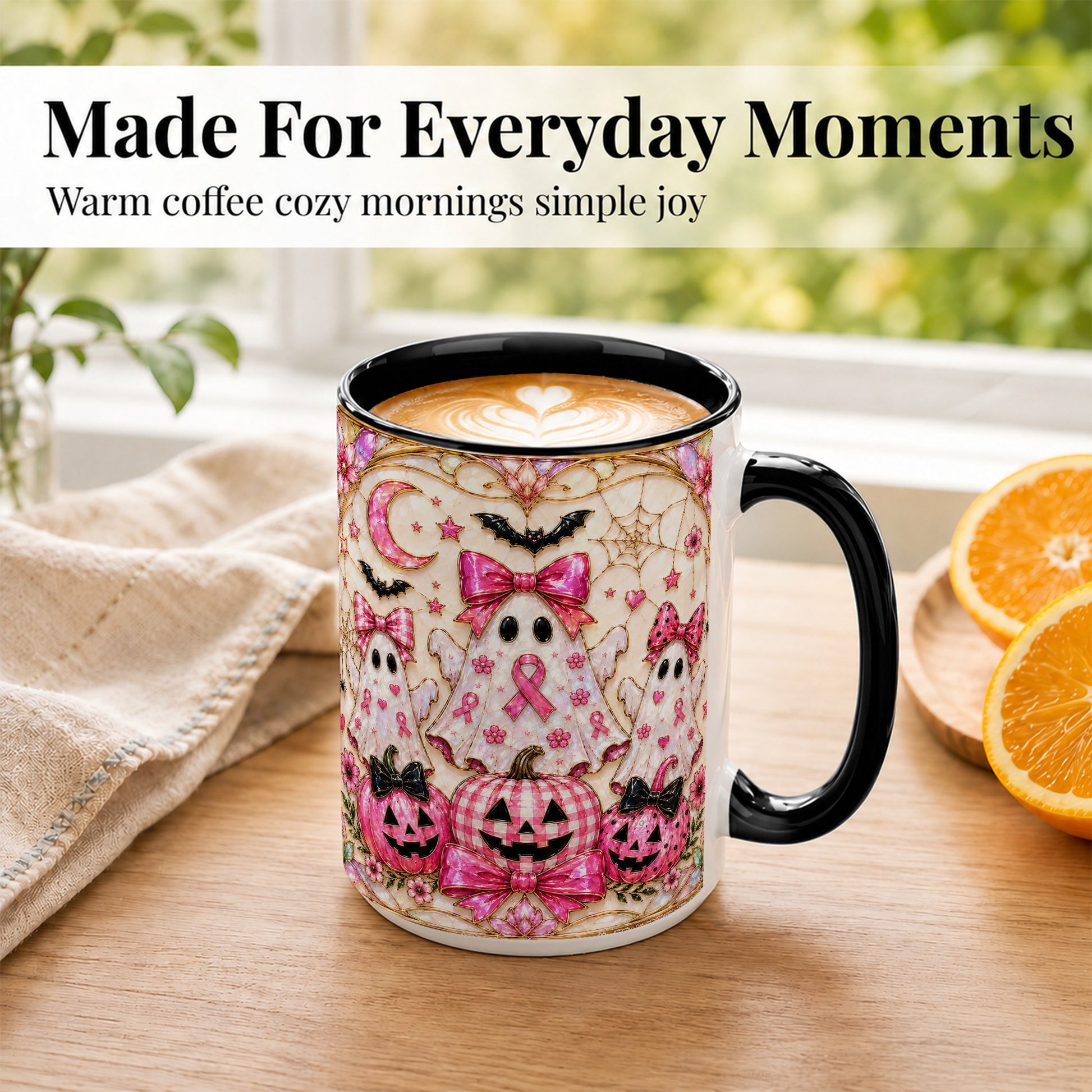 #pl[15oz|Black] Pink Ghost Trio Coffee Mug, Halloween Ghost Mug, Ceramic Cup