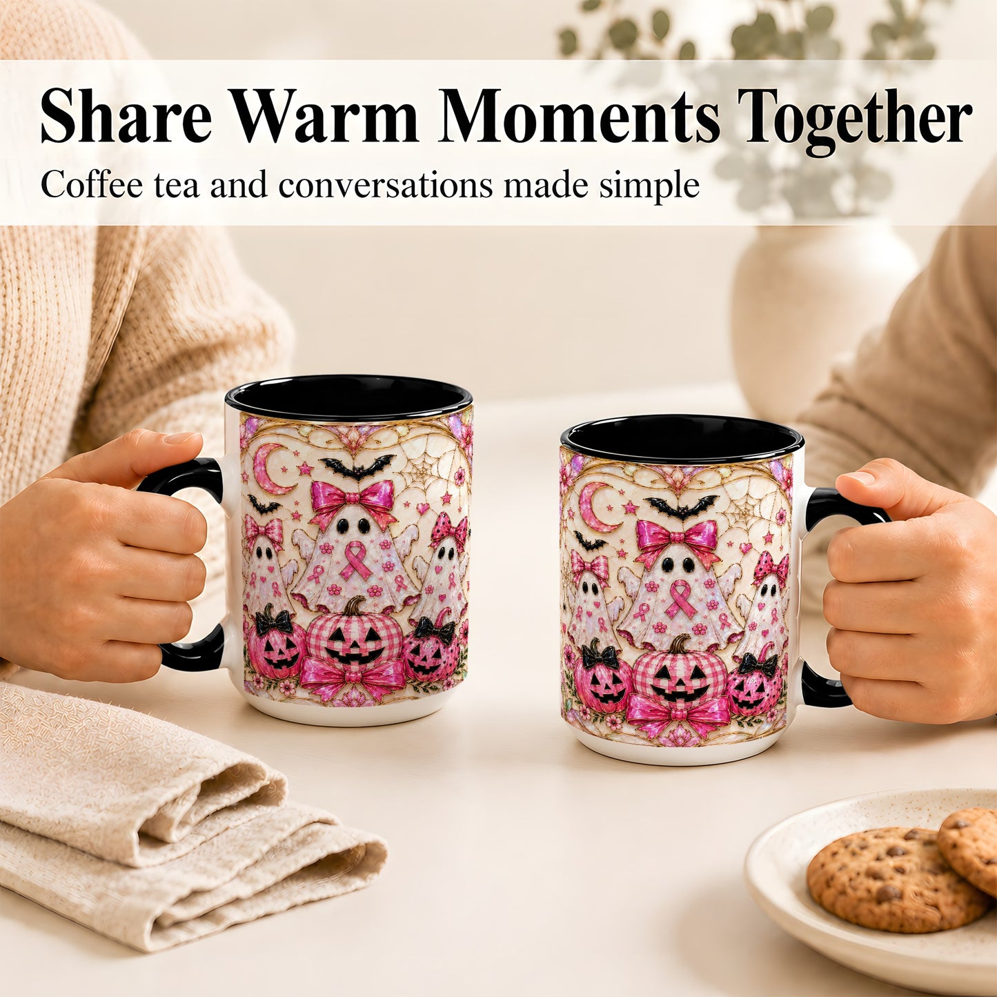#pl[15oz|Black] Pink Ghost Trio Coffee Mug, Halloween Ghost Mug, Ceramic Cup