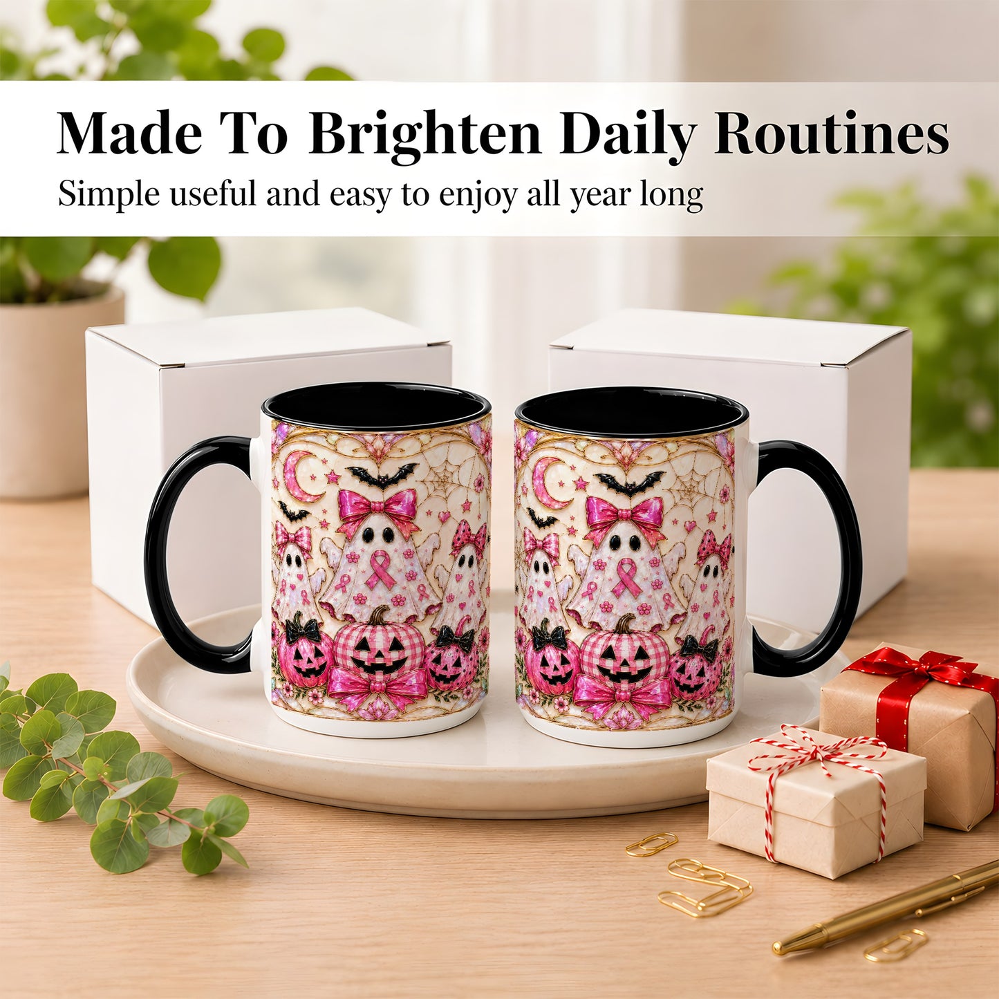 #pl[15oz|Black] Pink Ghost Trio Coffee Mug, Halloween Ghost Mug, Ceramic Cup