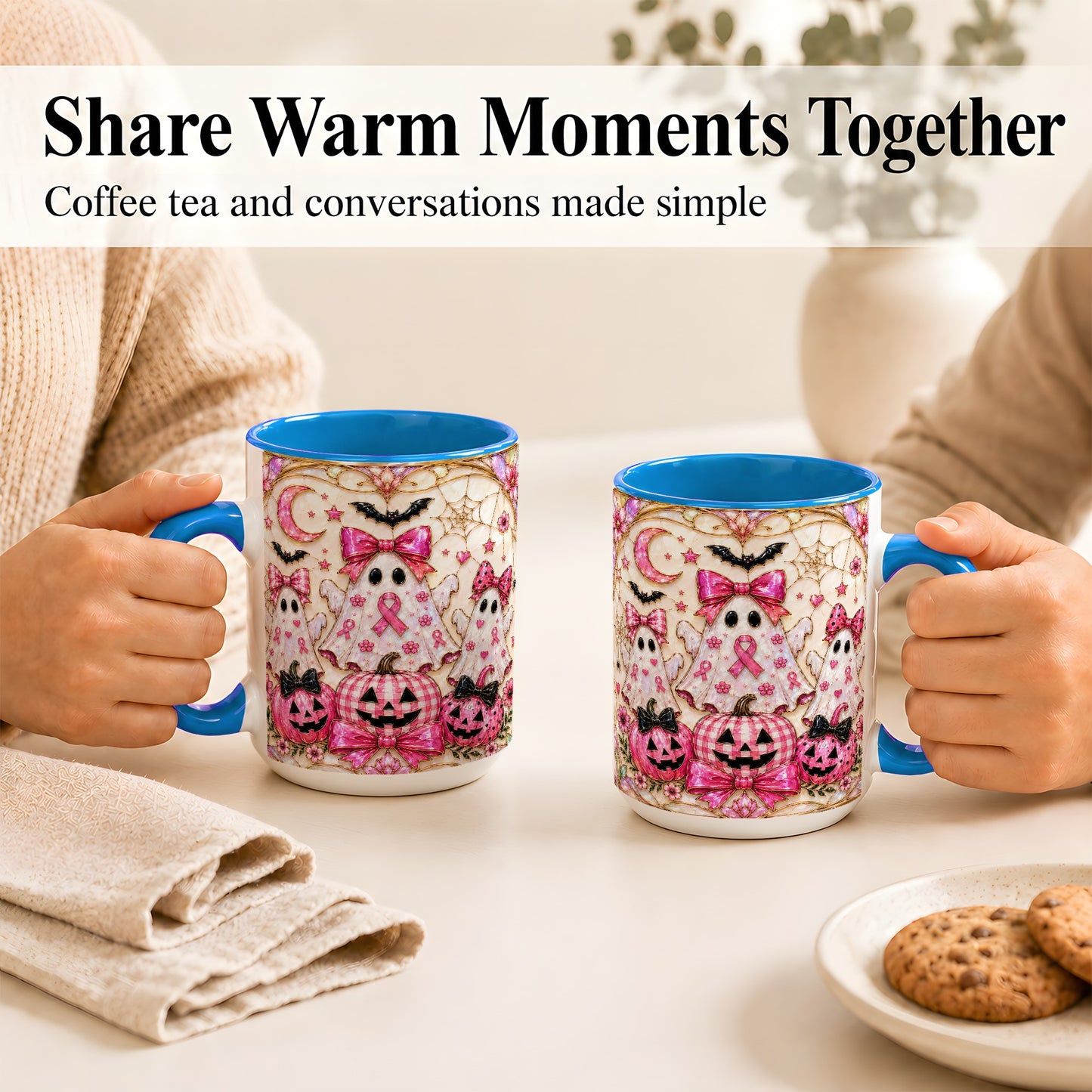 #pl[15oz|Blue] Pink Ghost Trio Coffee Mug, Halloween Ghost Mug, Ceramic Cup