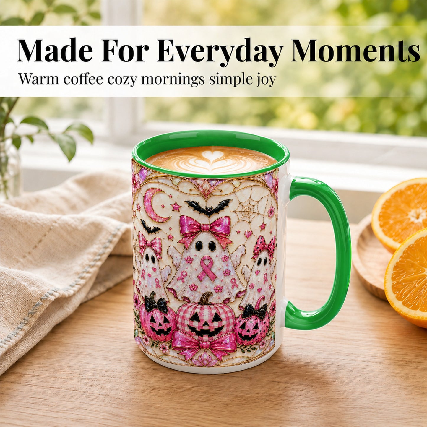 #pl[15oz|Green] Pink Ghost Trio Coffee Mug, Halloween Ghost Mug, Ceramic Cup