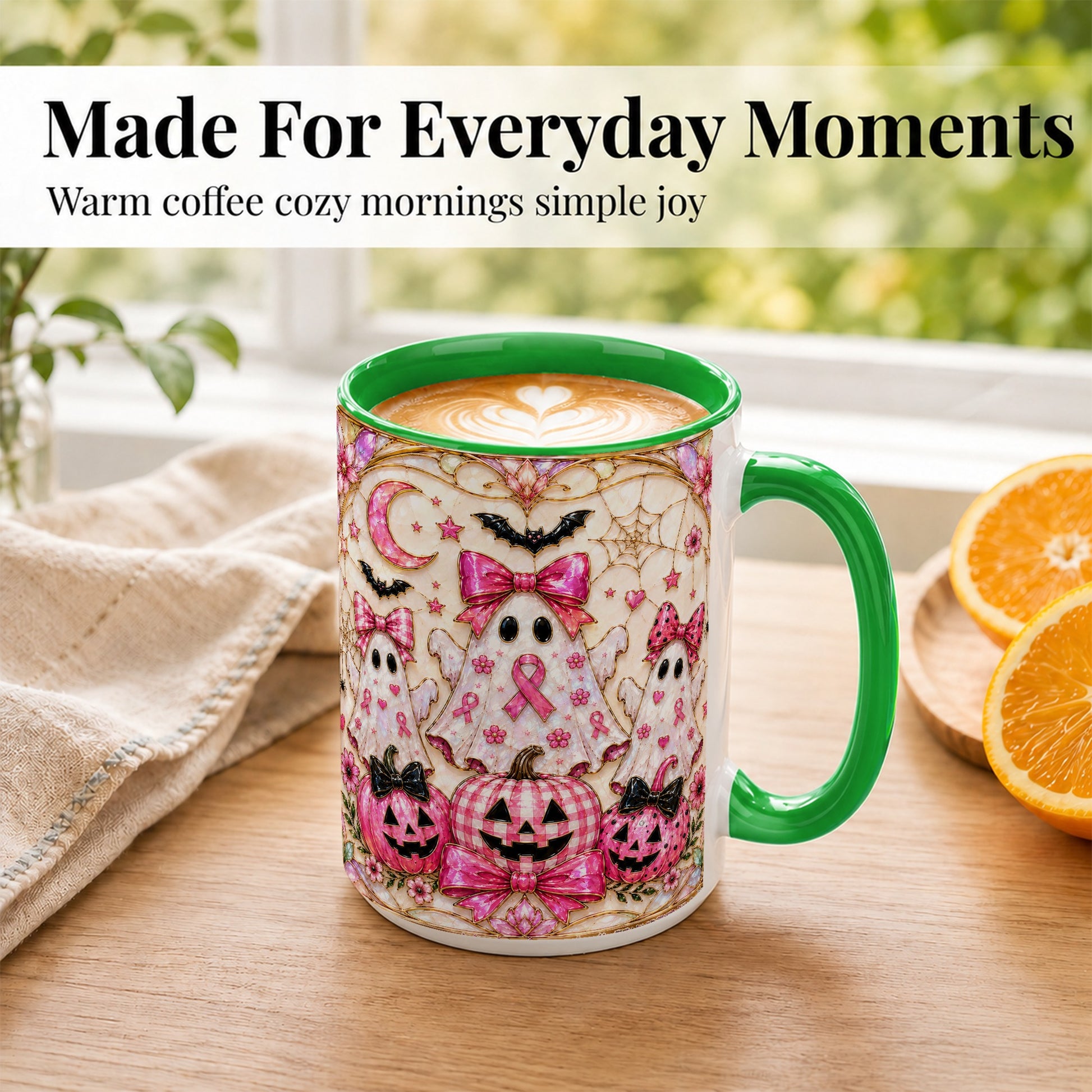 #pl[15oz|Green] Pink Ghost Trio Coffee Mug, Halloween Ghost Mug, Ceramic Cup
