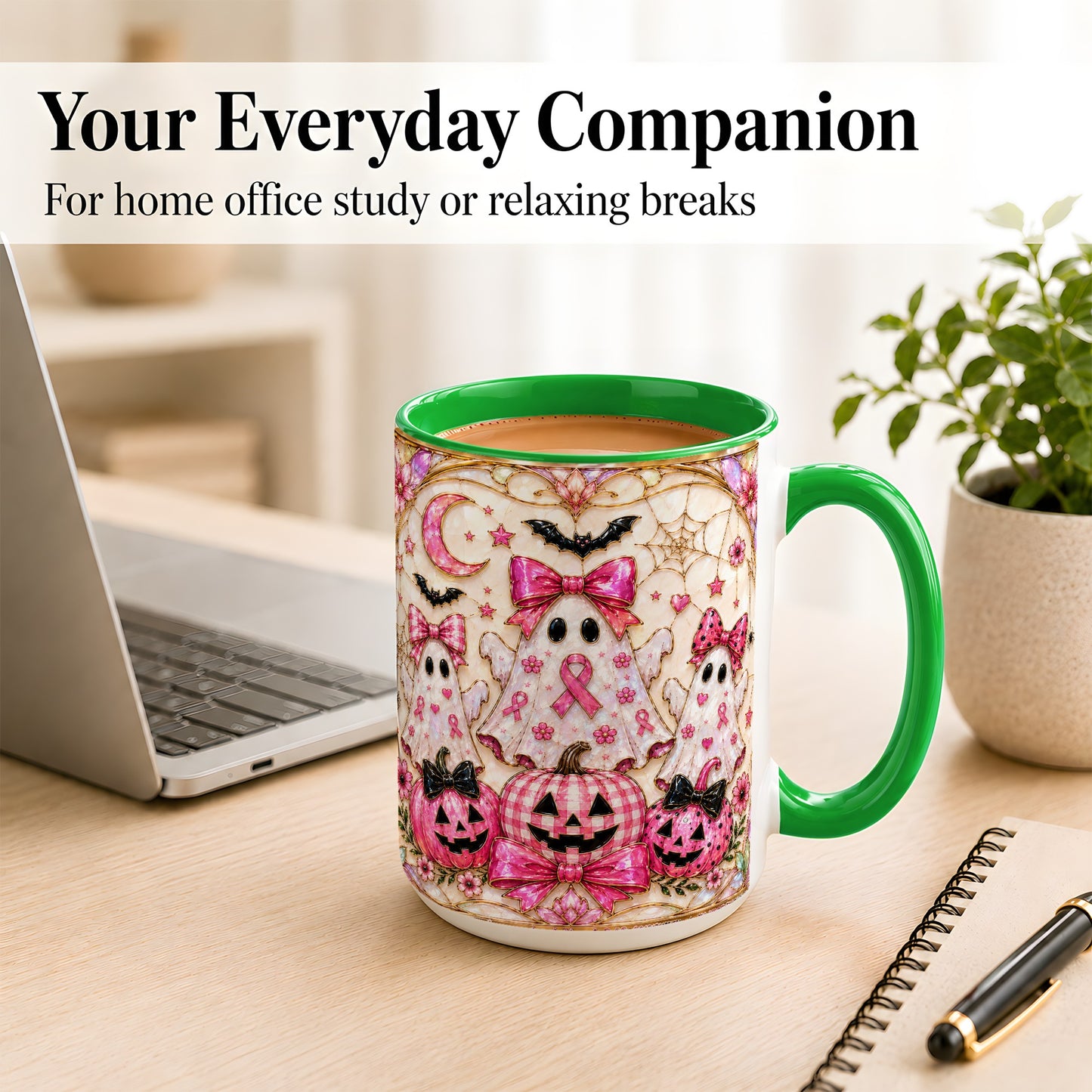 #pl[15oz|Green] Pink Ghost Trio Coffee Mug, Halloween Ghost Mug, Ceramic Cup