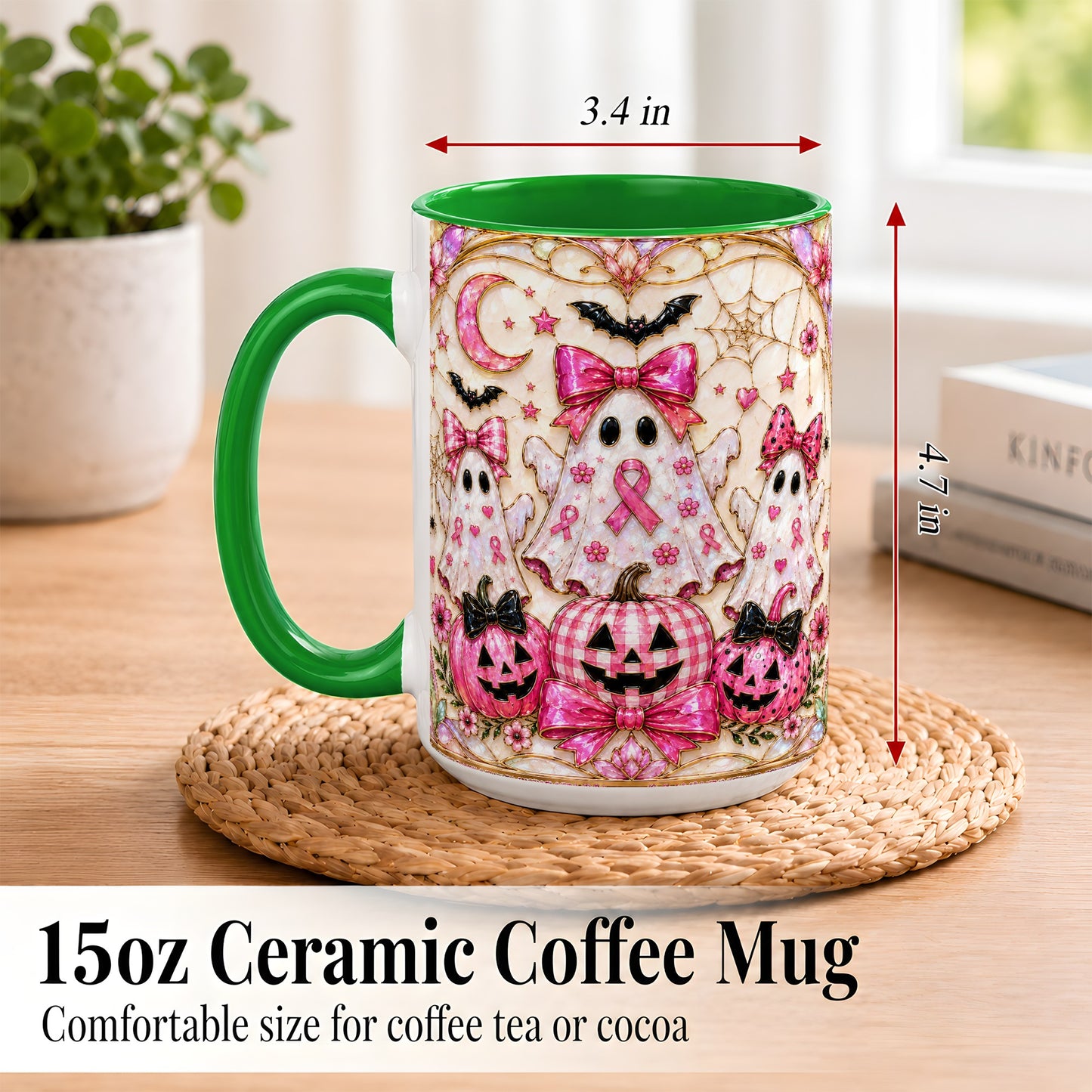 #pl[15oz|Green] Pink Ghost Trio Coffee Mug, Halloween Ghost Mug, Ceramic Cup