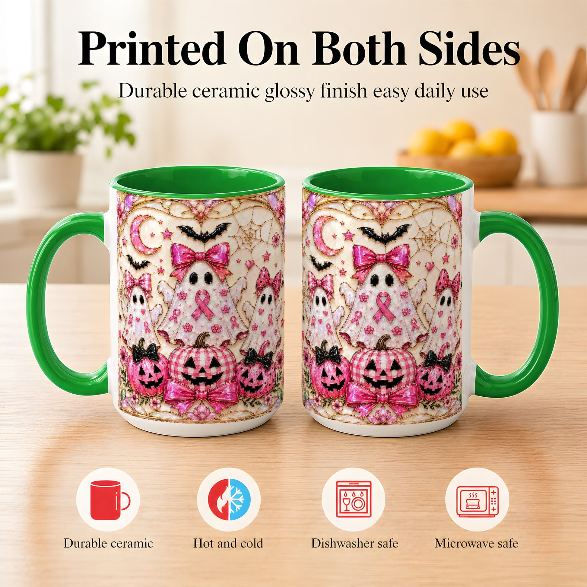 #pl[15oz|Green] Pink Ghost Trio Coffee Mug, Halloween Ghost Mug, Ceramic Cup