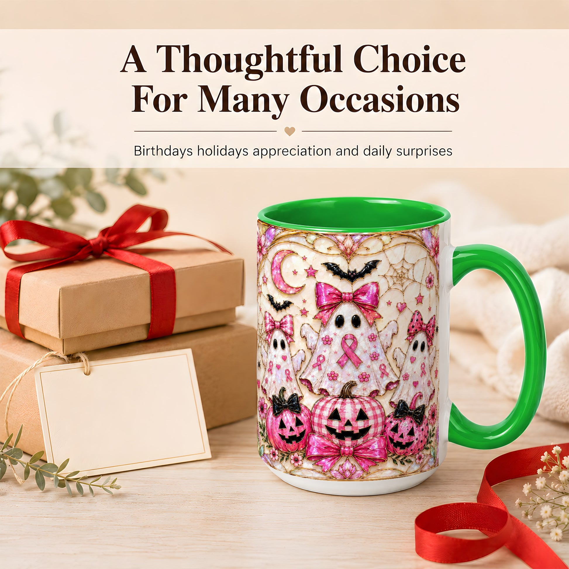 #pl[15oz|Green] Pink Ghost Trio Coffee Mug, Halloween Ghost Mug, Ceramic Cup
