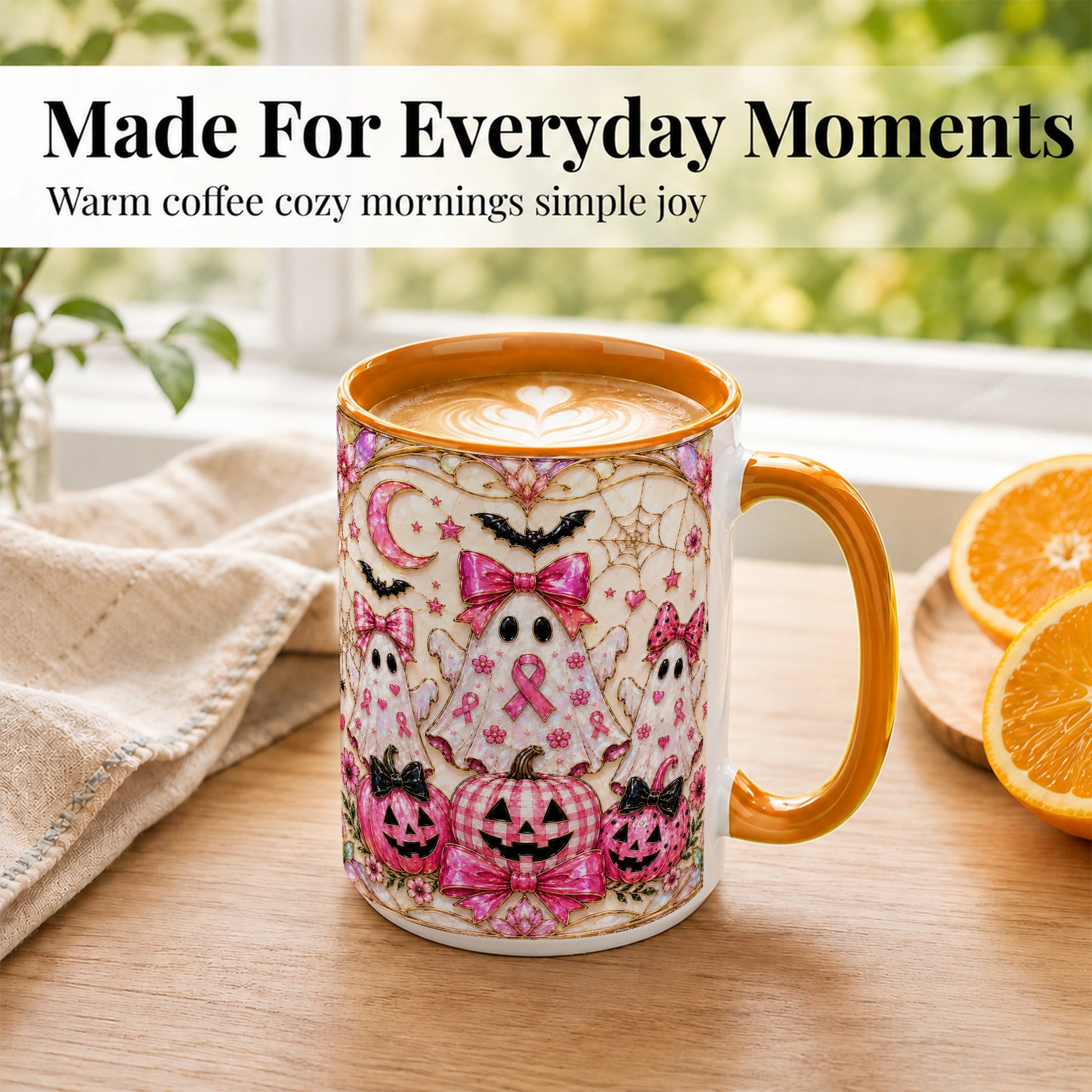 #pl[15oz|Orange] Pink Ghost Trio Coffee Mug, Halloween Ghost Mug, Ceramic Cup