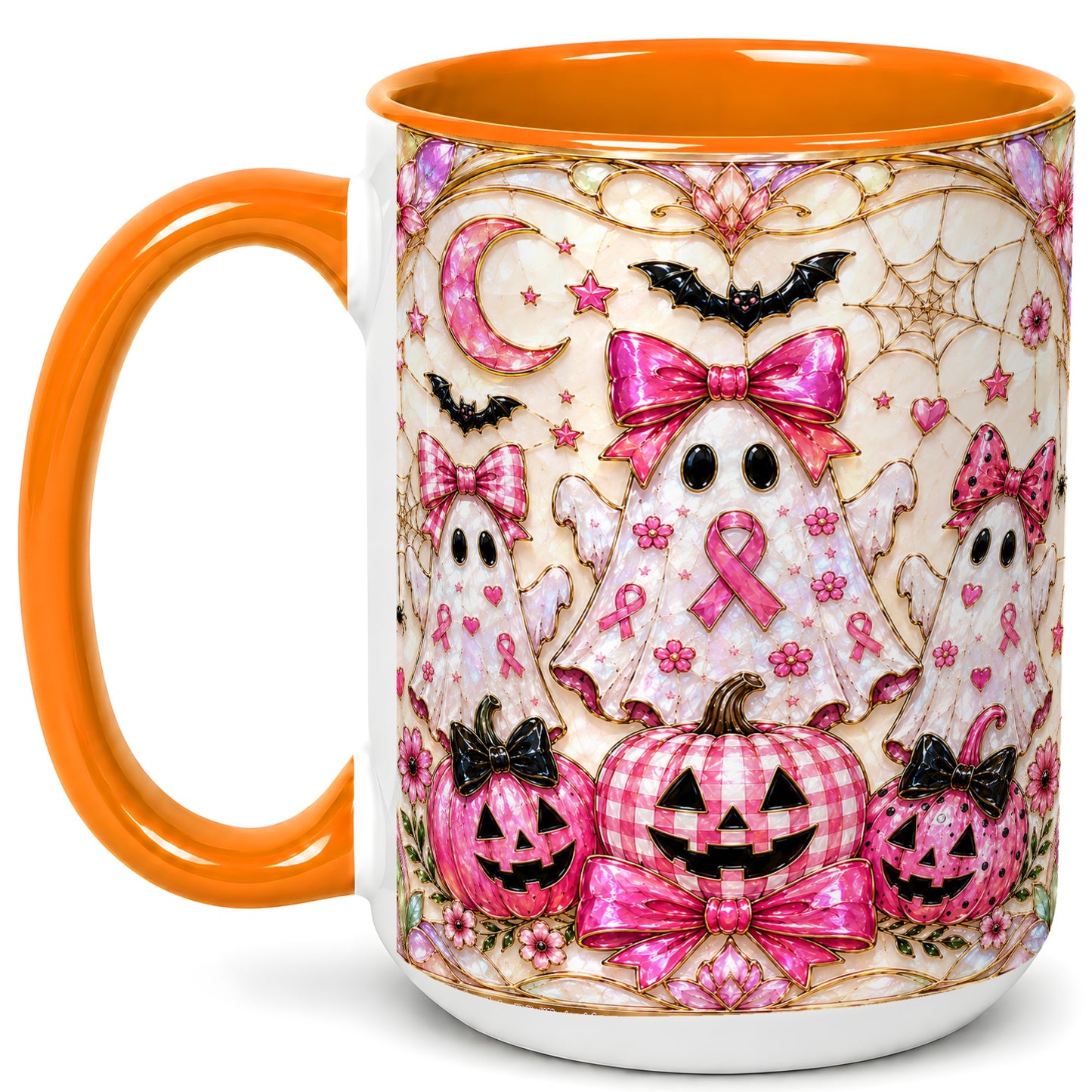 #pl[15oz|Orange] Pink Ghost Trio Coffee Mug, Halloween Ghost Mug, Ceramic Cup