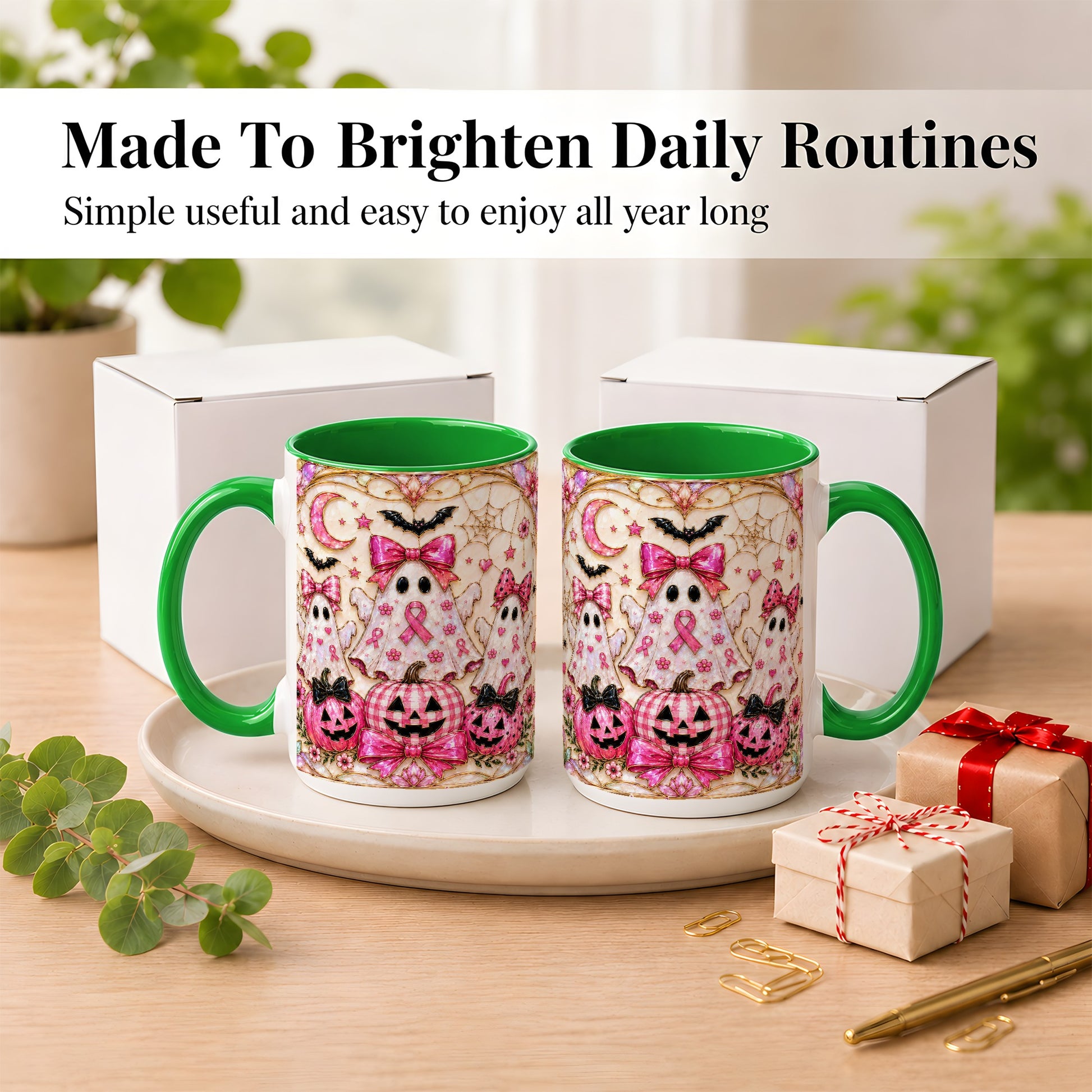 #pl[15oz|Green] Pink Ghost Trio Coffee Mug, Halloween Ghost Mug, Ceramic Cup