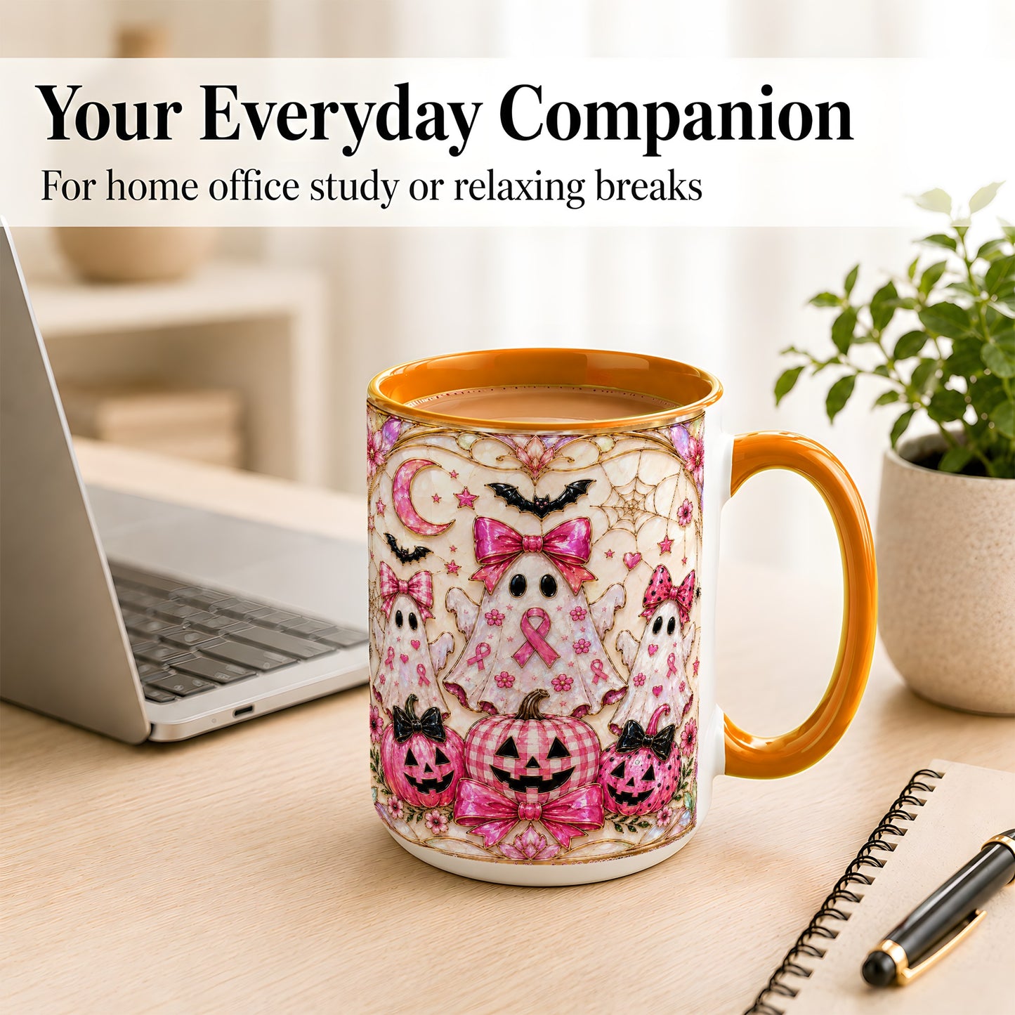 #pl[15oz|Orange] Pink Ghost Trio Coffee Mug, Halloween Ghost Mug, Ceramic Cup
