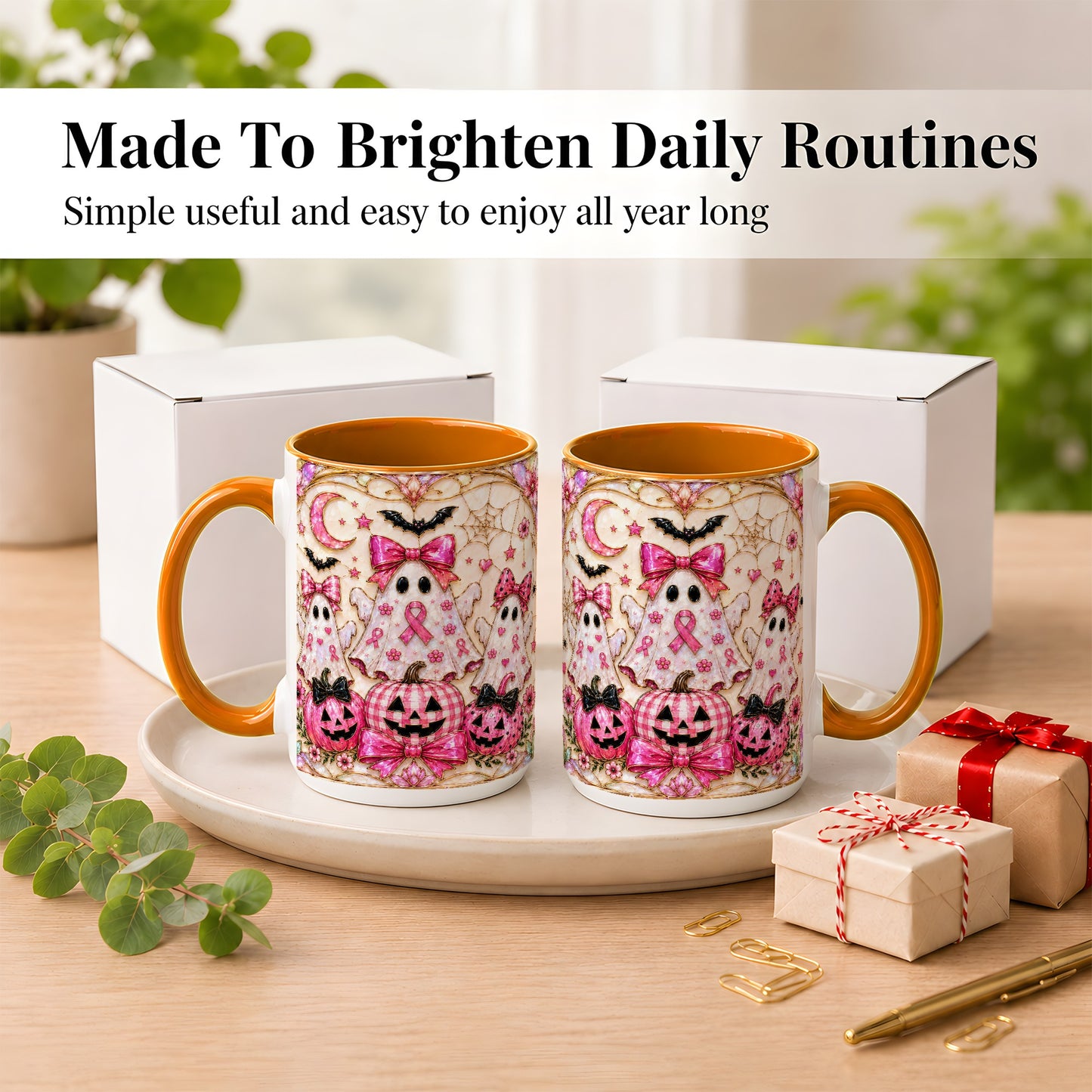#pl[15oz|Orange] Pink Ghost Trio Coffee Mug, Halloween Ghost Mug, Ceramic Cup