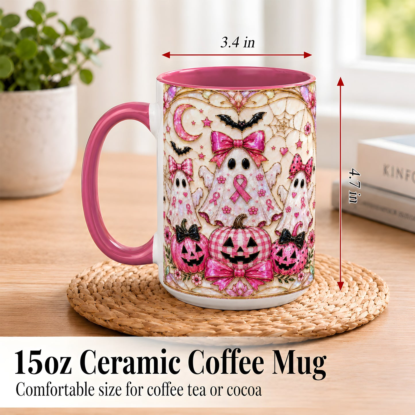 #pl[15oz|Pink] Pink Ghost Trio Coffee Mug, Halloween Ghost Mug, Ceramic Cup