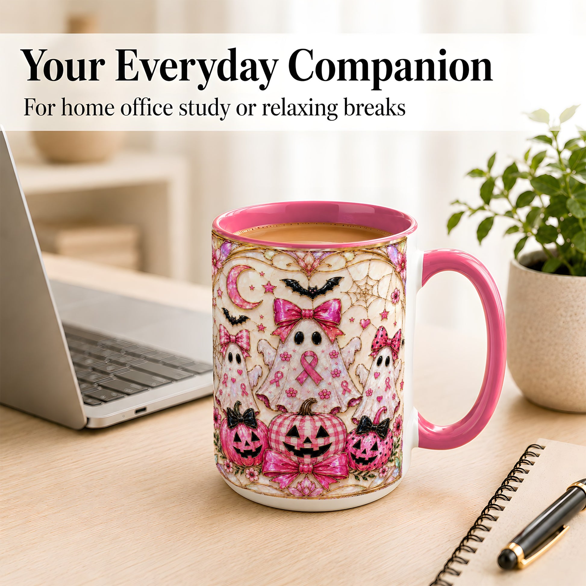 #pl[15oz|Pink] Pink Ghost Trio Coffee Mug, Halloween Ghost Mug, Ceramic Cup
