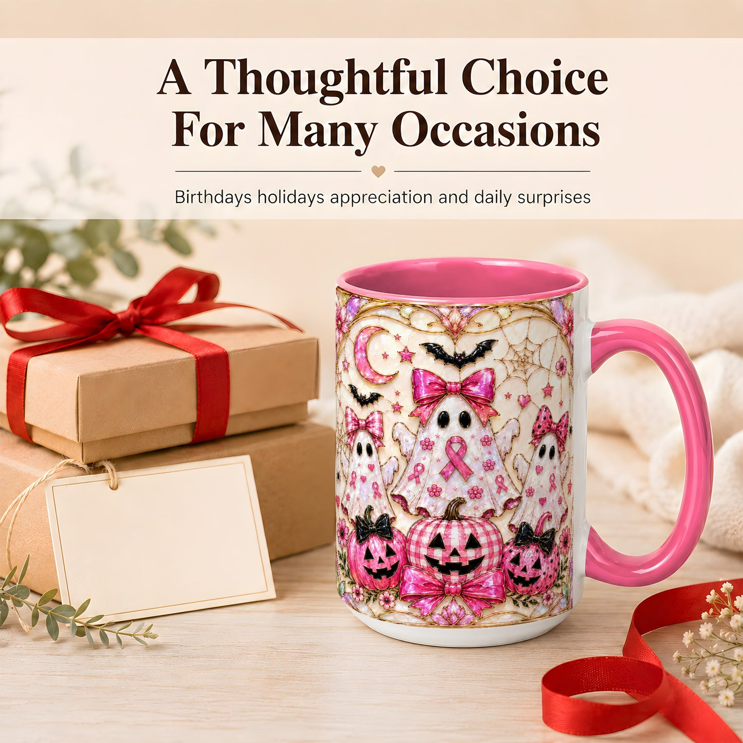 #pl[15oz|Pink] Pink Ghost Trio Coffee Mug, Halloween Ghost Mug, Ceramic Cup
