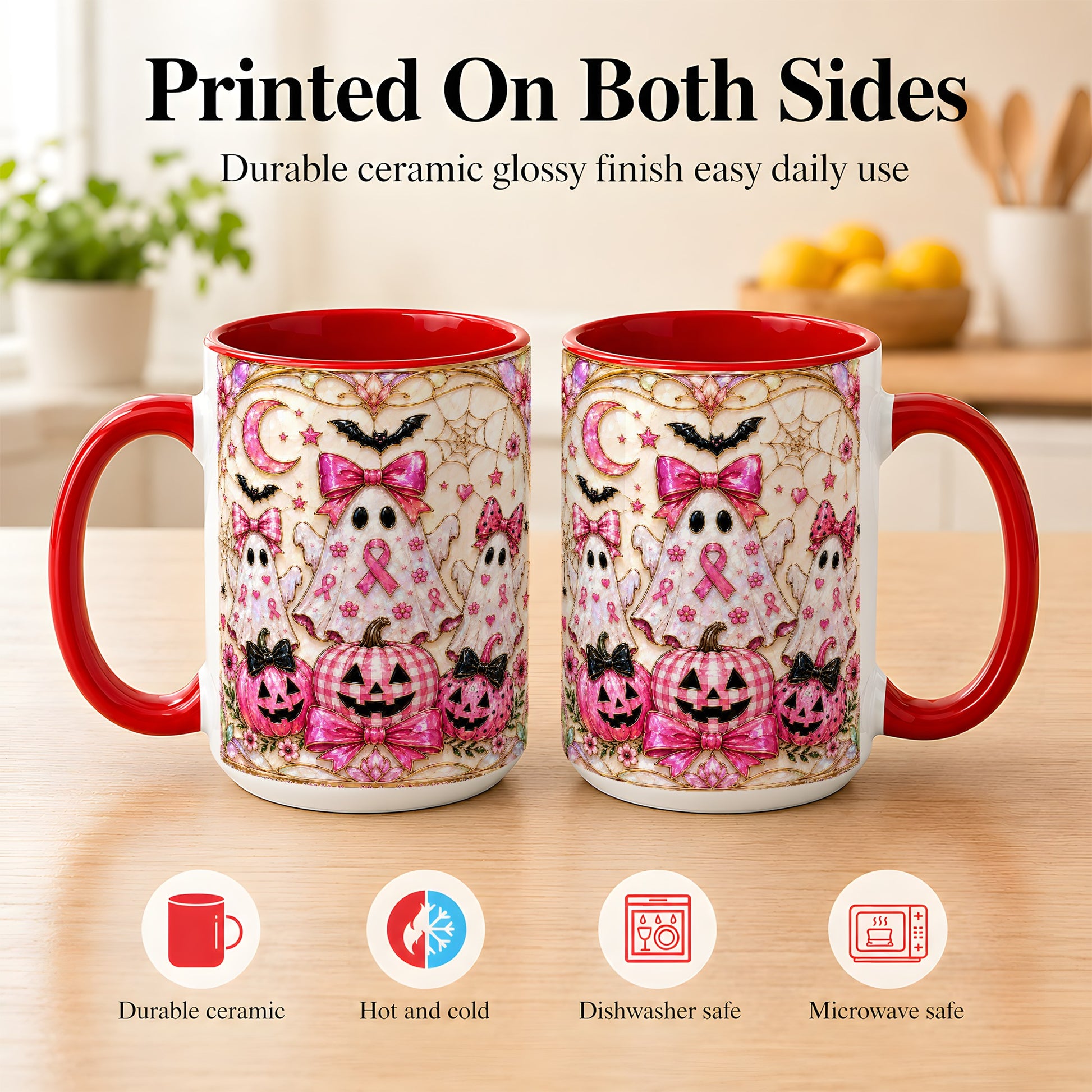 #pl[15oz|Red] Pink Ghost Trio Coffee Mug, Halloween Ghost Mug, Ceramic Cup